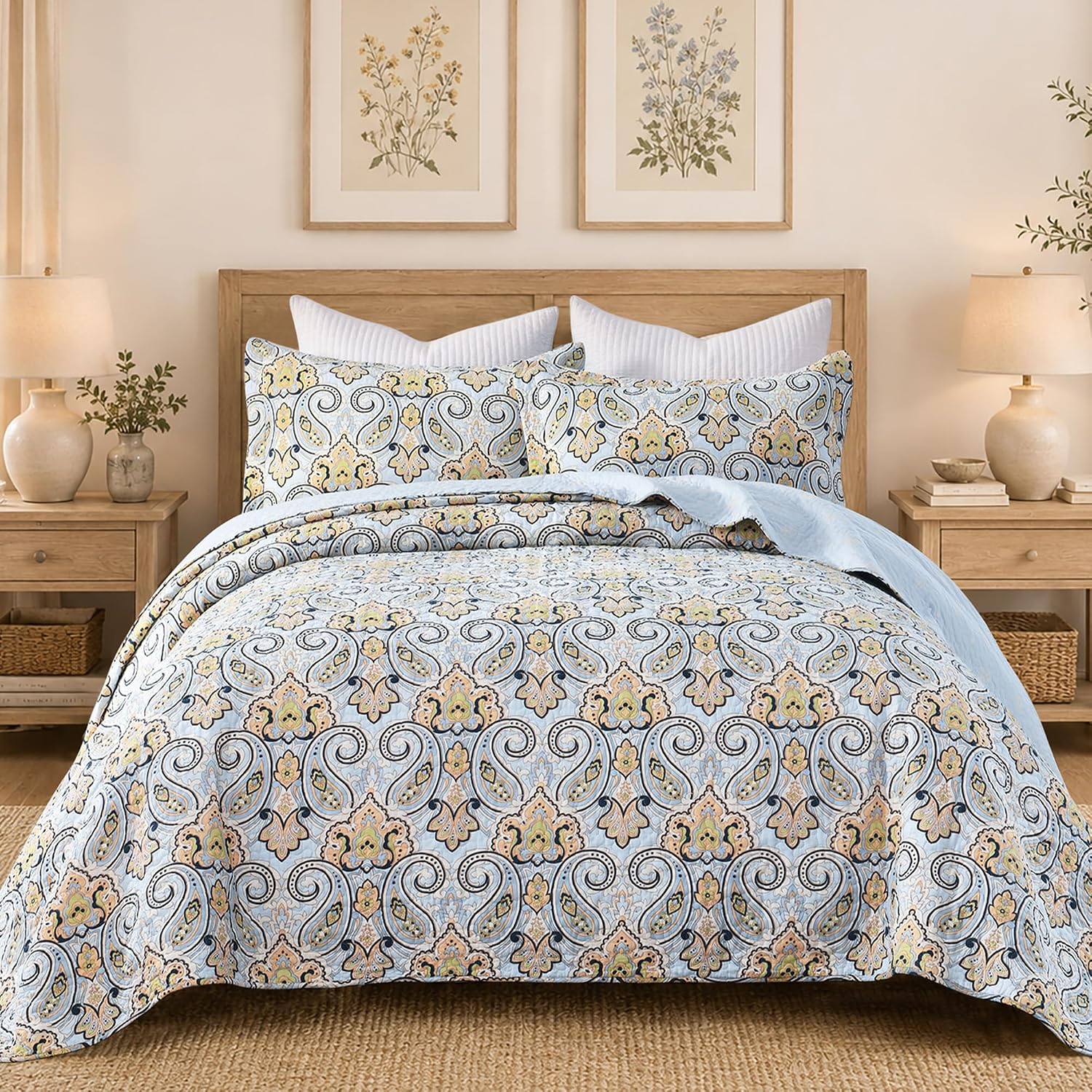 Paisley King Size Quilt Set - Reversible Paisley Floral Quilts King Size, 100% Cotton Lightweight Bedspread Set, Luxury Quilt Bedding Set for King Bed, Sky Blue & Soft Orange, 106×98