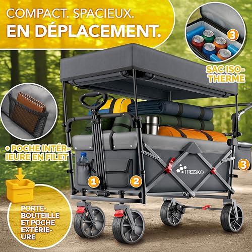 TRESKO® Chariot de transport pliable avec toit, compartiment isotherme et stores latéraux - Charge maximale : 150 kg - Chariot de transport avec pneus en caoutchouc plein et freins de stationnement - 3