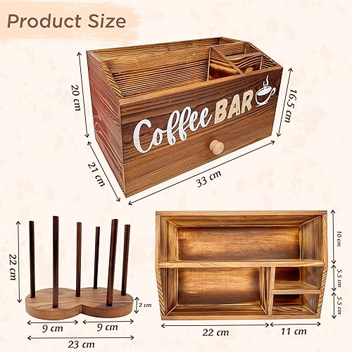 Miniatura 2 de Organizador de estación de café para encimera, organizador de madera para barra de café, cesta de almacenamiento con cajón, organizador de