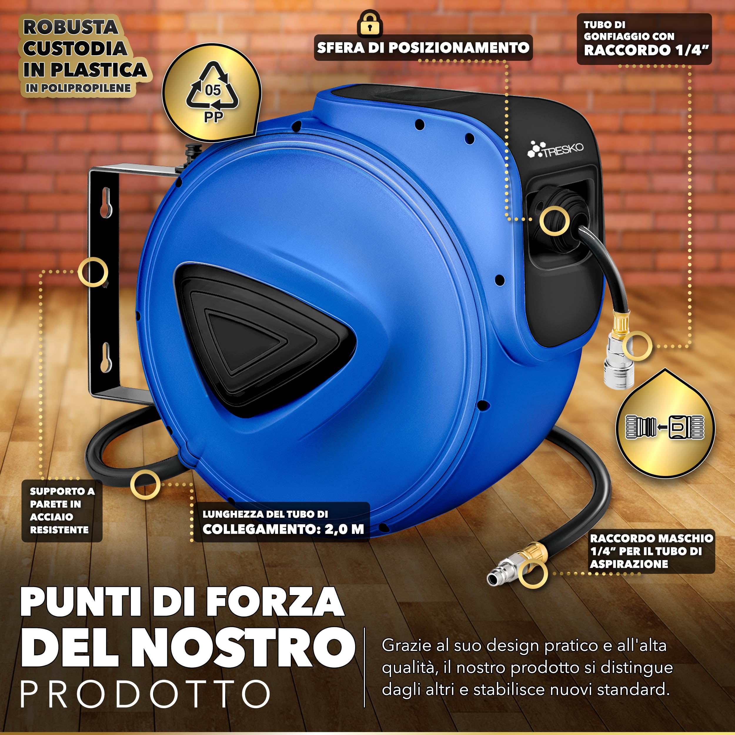 TRESKO® Avvolgitubo Aria Compressa 30 mt con Tubo | Avvolgitubo Pneumatico attacco 1/4" | Dispositivo di Arresto Automatico e Riavvolgitore Automatico, Blu