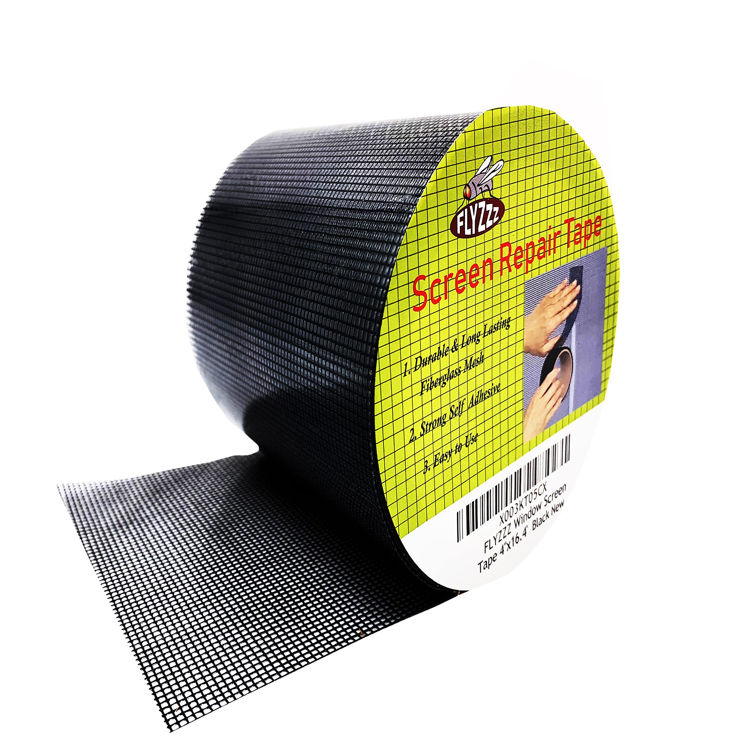 FLYZZZ Window Screen Repair Kit Tape Extra Wide 4''x16.4' Black Adhesive & Waterproof 3-Layer Fiberglass fix for Screen Door and Window Screen