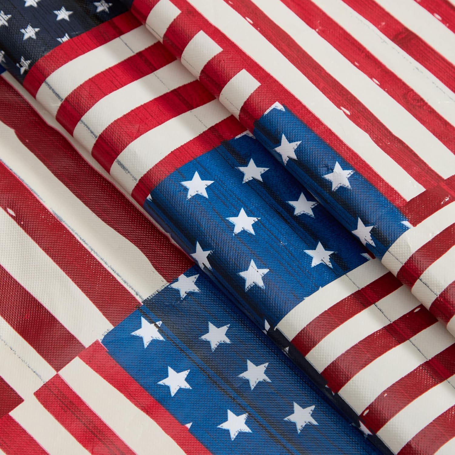 Newbridge American Flag Collage White Vinyl Tablecloth with Flannel Backing, Patriotic Stars and Stripes Patchwork Print, Easy Care Wipe Clean Indoor Outdoor Table Cover, 60 x 102 Inch Rectangle