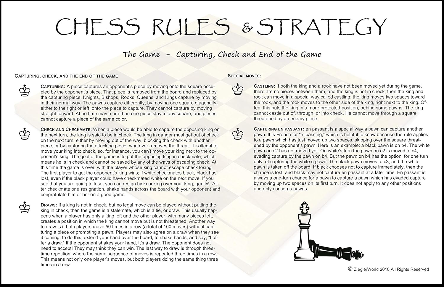 Chess Game Rules Instruction, Board Set up & Movement Strategy Cheat Sheet - Laminated Double Sided 11x17
