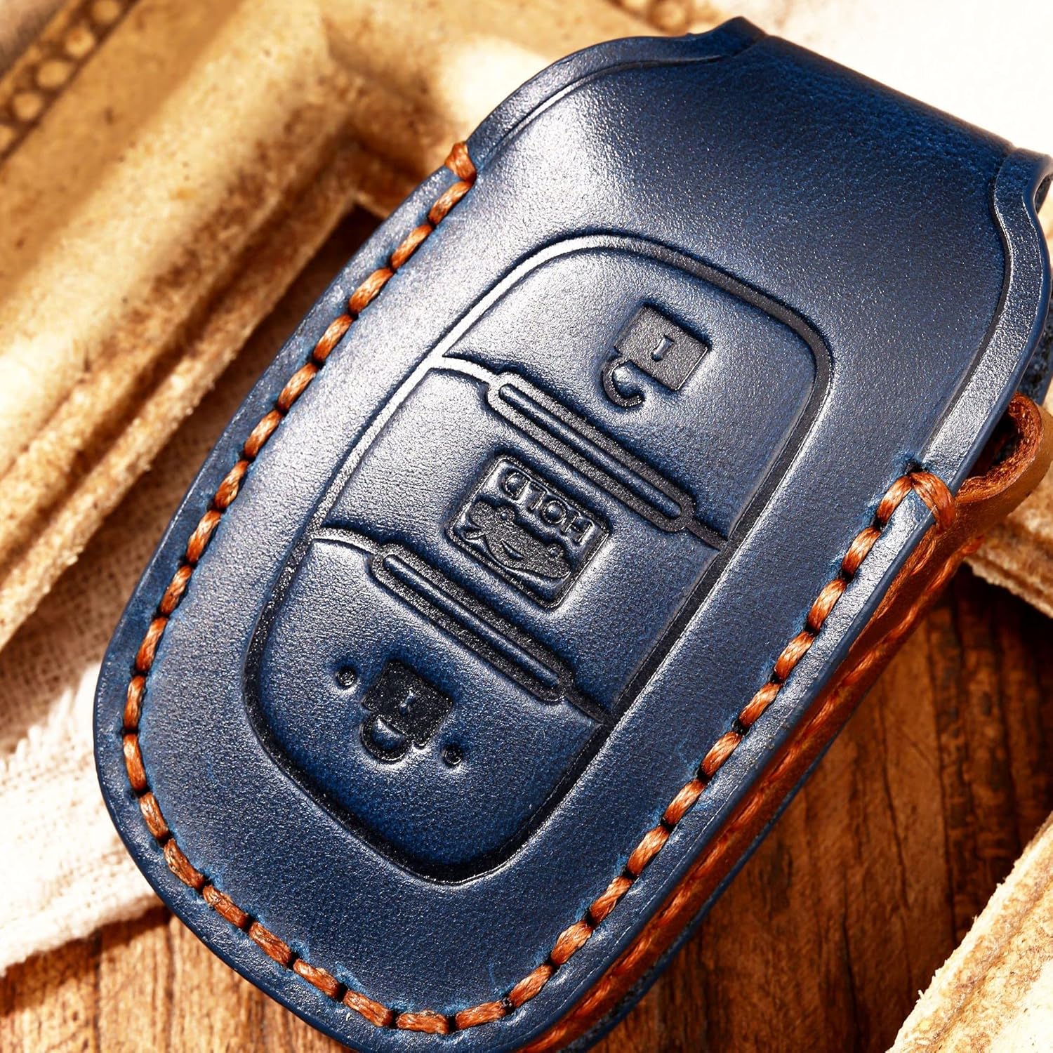 HIBEYO Leder Car Key Fob Cover with Keychain fits for Hyundai Tucson Sonata Fe Creta Mistra Elantra Ioniq Venue Accent Smart Remote Car Key Keyless Entry Holder 3 Buttons Blue B