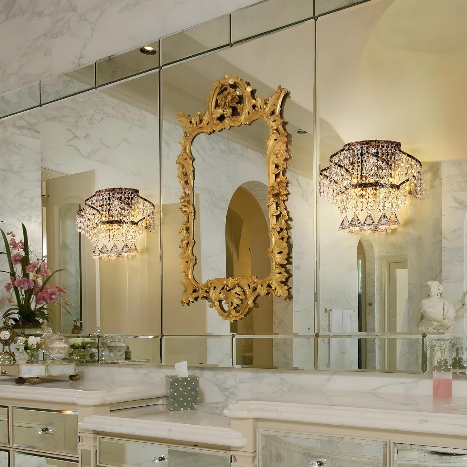 TOCHIC Vintage Wall Sconce, Antique Bronze Farmhouse Rustic Wall Sconces for Hallway Stairway, Crystal Bathroom Wall Light Fixture for Living Room, Bedroom, 2-Light Wall Mount Light