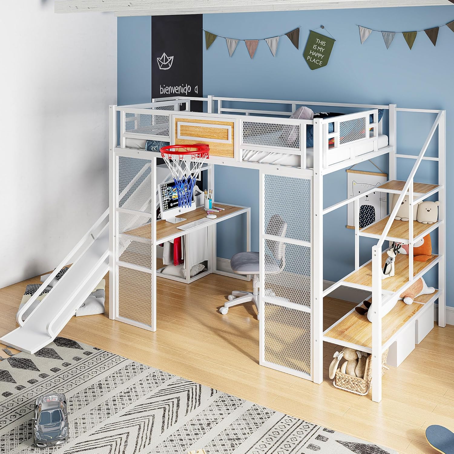 SOFTSEA Full Size Metal Loft Bed with Basketball Hoop, Heavy-Duty Loft Bed with Slide and Stairs, Loft Bed Frame with Desk, Open Wardrobe & Storage Staircase for Kids Teens Boys, White