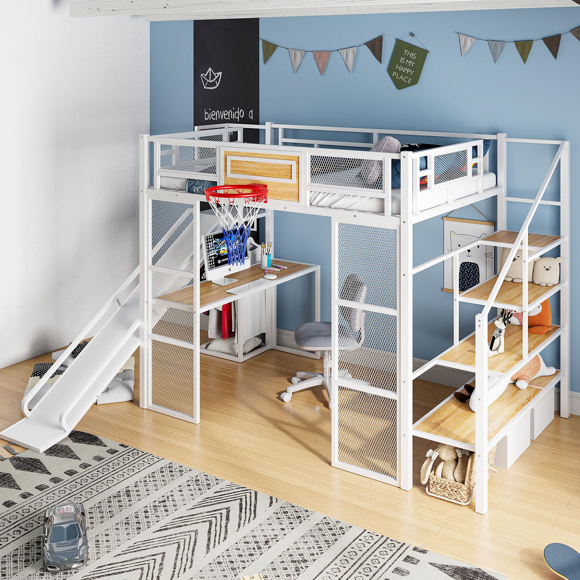LUMISOL Full Size Metal Loft Bed with Desk, Stairs, and Slide