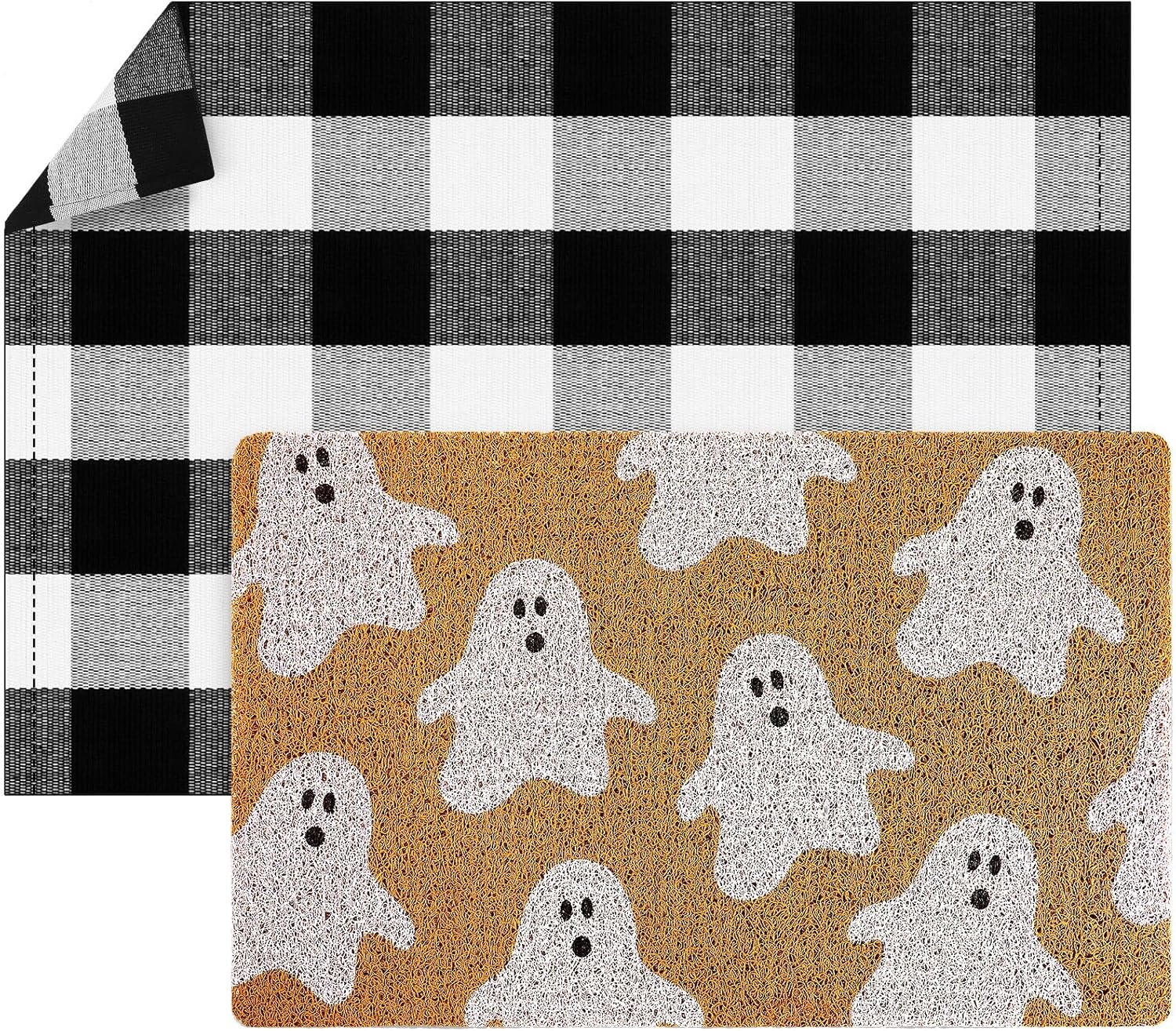 Fabbay 2 Pcs Halloween Fall Welcome Mat - Halloween Ghost Design, Black White Layered Buffalo Plaid Rug, Outdoor/Indoor Doormat for Front Door Porch, Autumn Xmas Holiday Decor