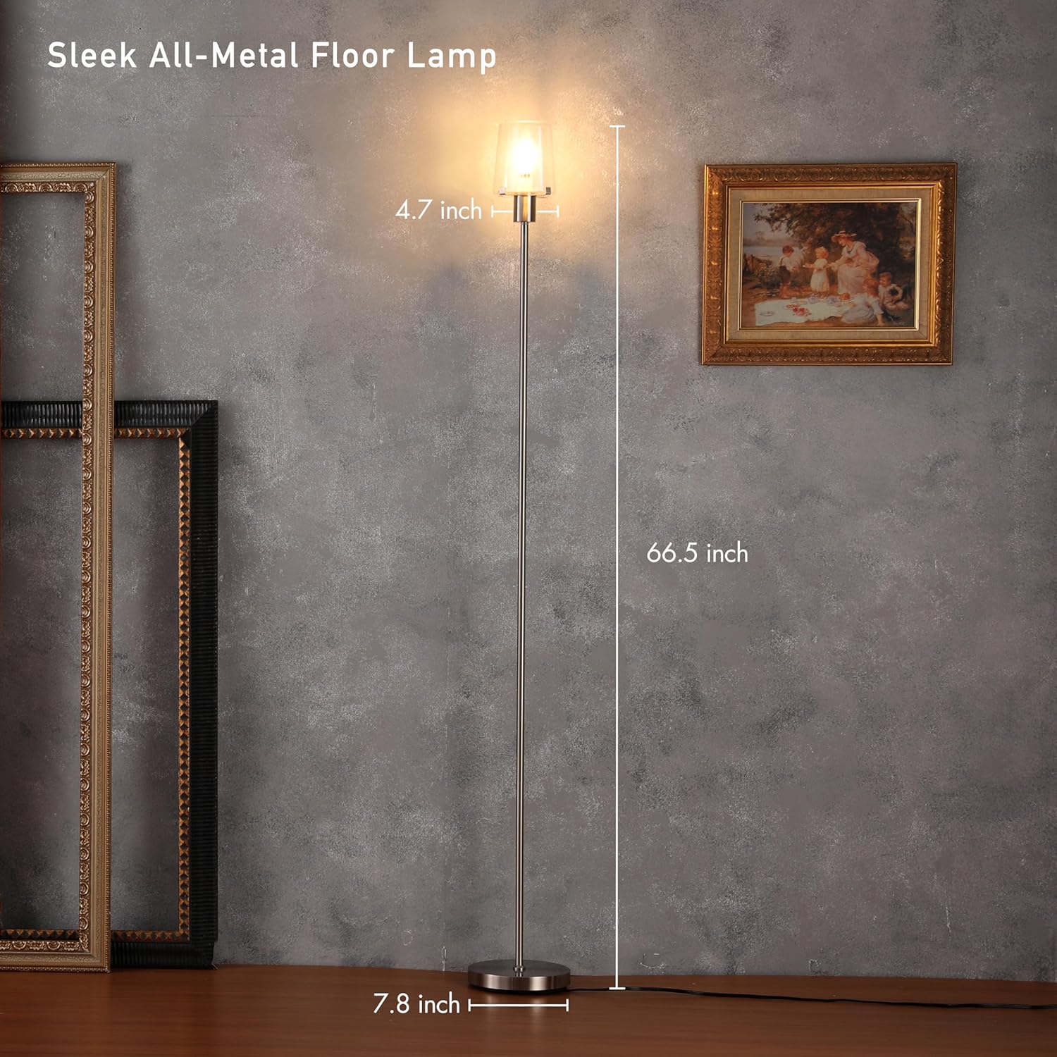 O'Bright Elegante - Dimmable LED Floor Lamp with Clear Glass Shade, Touch-Controlled Lighting, 66.5-Inch, Perfect for Dinning, Living Room and Bedroom, Brushed Nickel