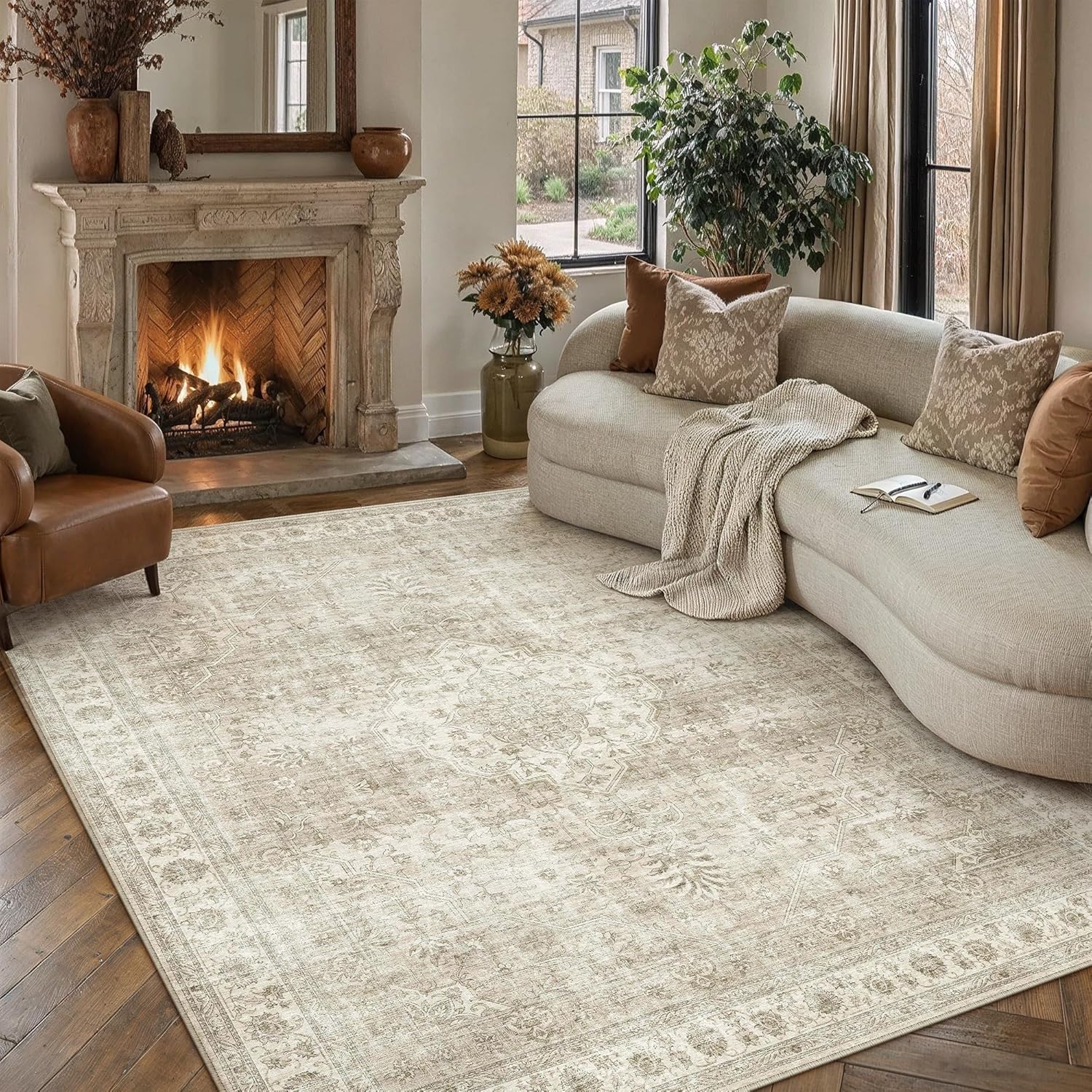 PureCozy 8x10 Beige Area Rug for Living Room,Non-Slip Backing Washable Carpet,Vintage Large Low Pile Area Rug，Easy Care Ideal for High Traffic Soft Carpet in Bedroom Office Coffee Table Dining Room