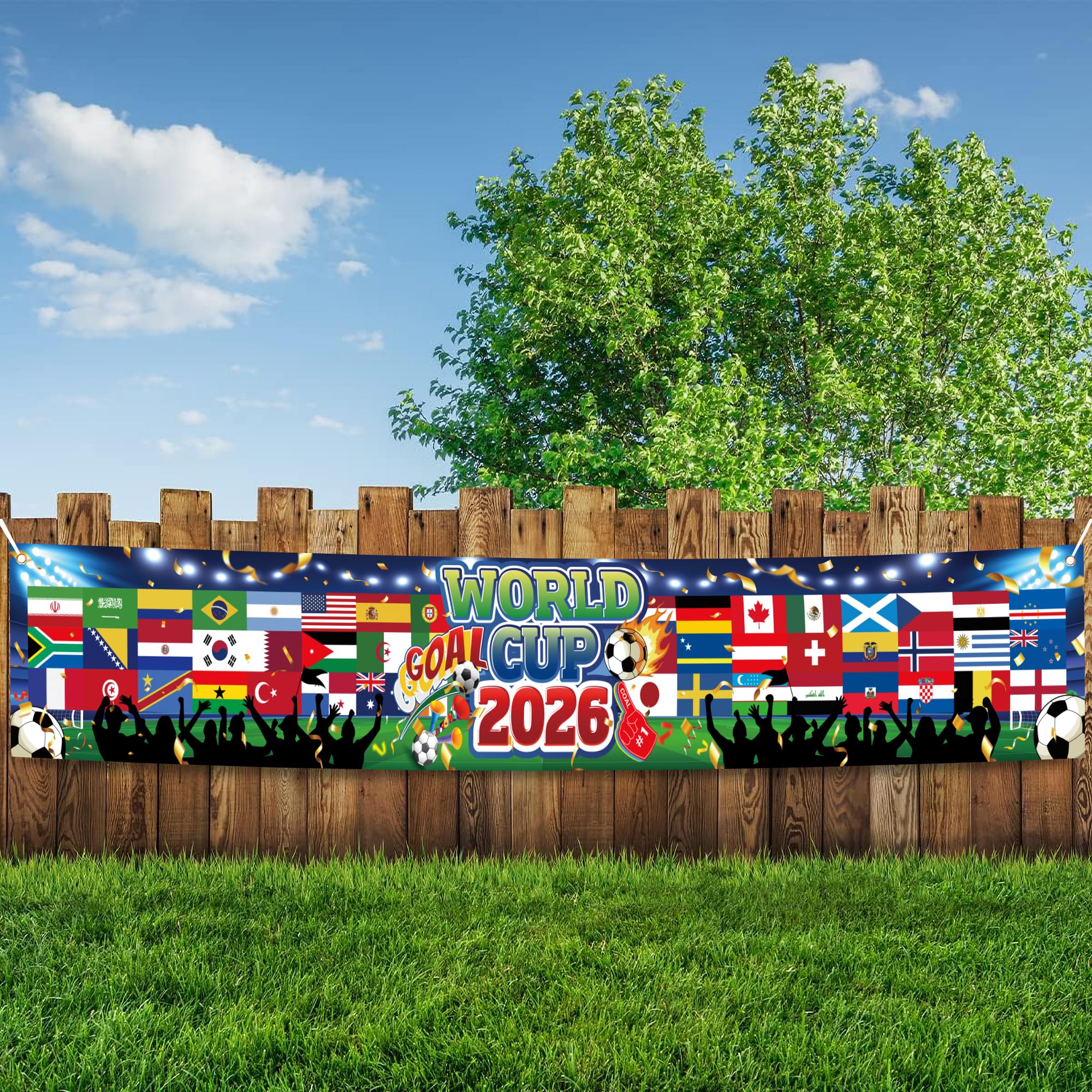 World Cup 2026 Banner Decoration Large Football Backdrop with National Flags Ball Indoor Outdoor Party Bar Garden Home Decoration 9.8x1.64FT