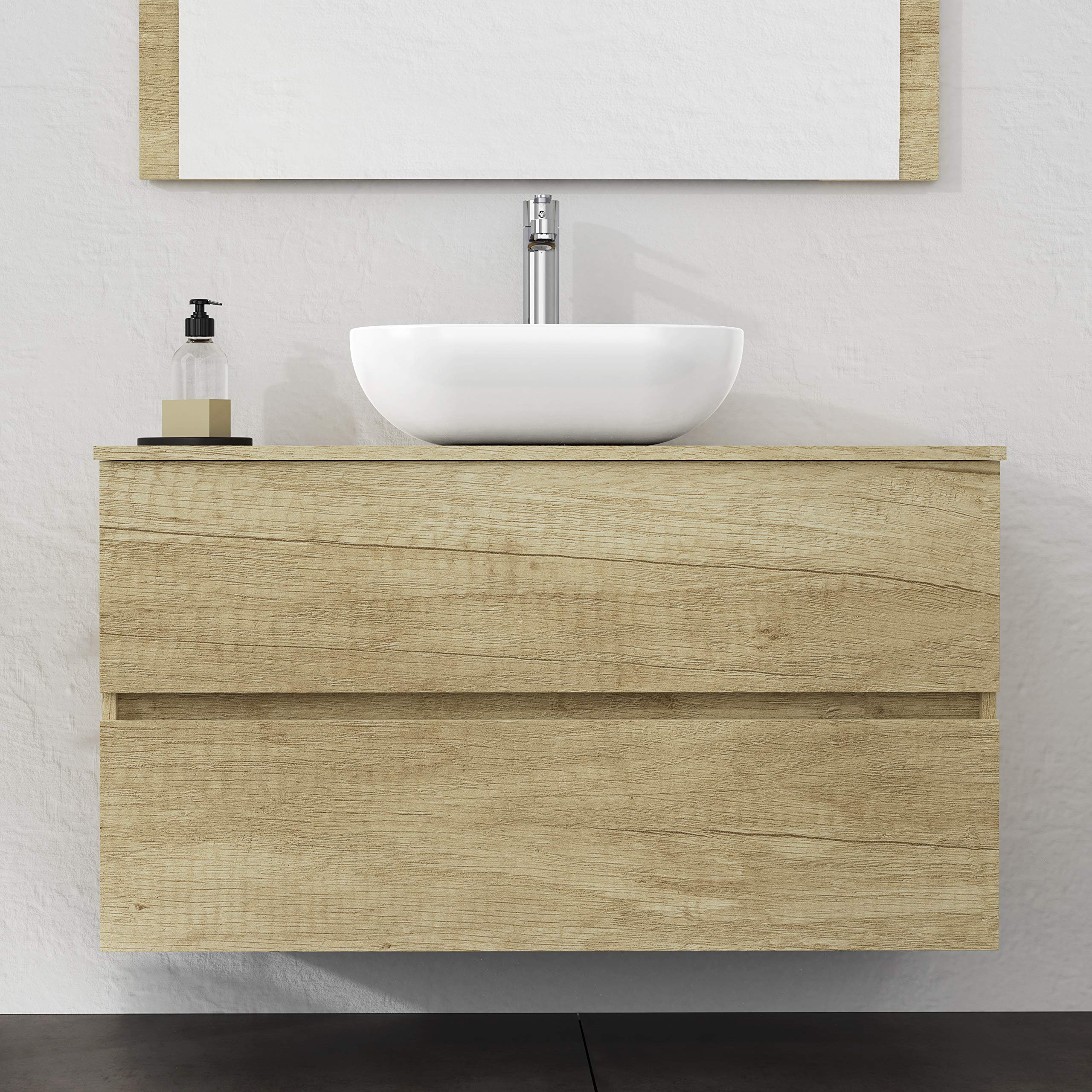 Baikal Baño Onyx, 2 cajones, suspendido en Pared, con Lavabo cerámico. Mueble Montado, Melamina 16,Mueble F46 + Top + Lavabo 100 cm Nature