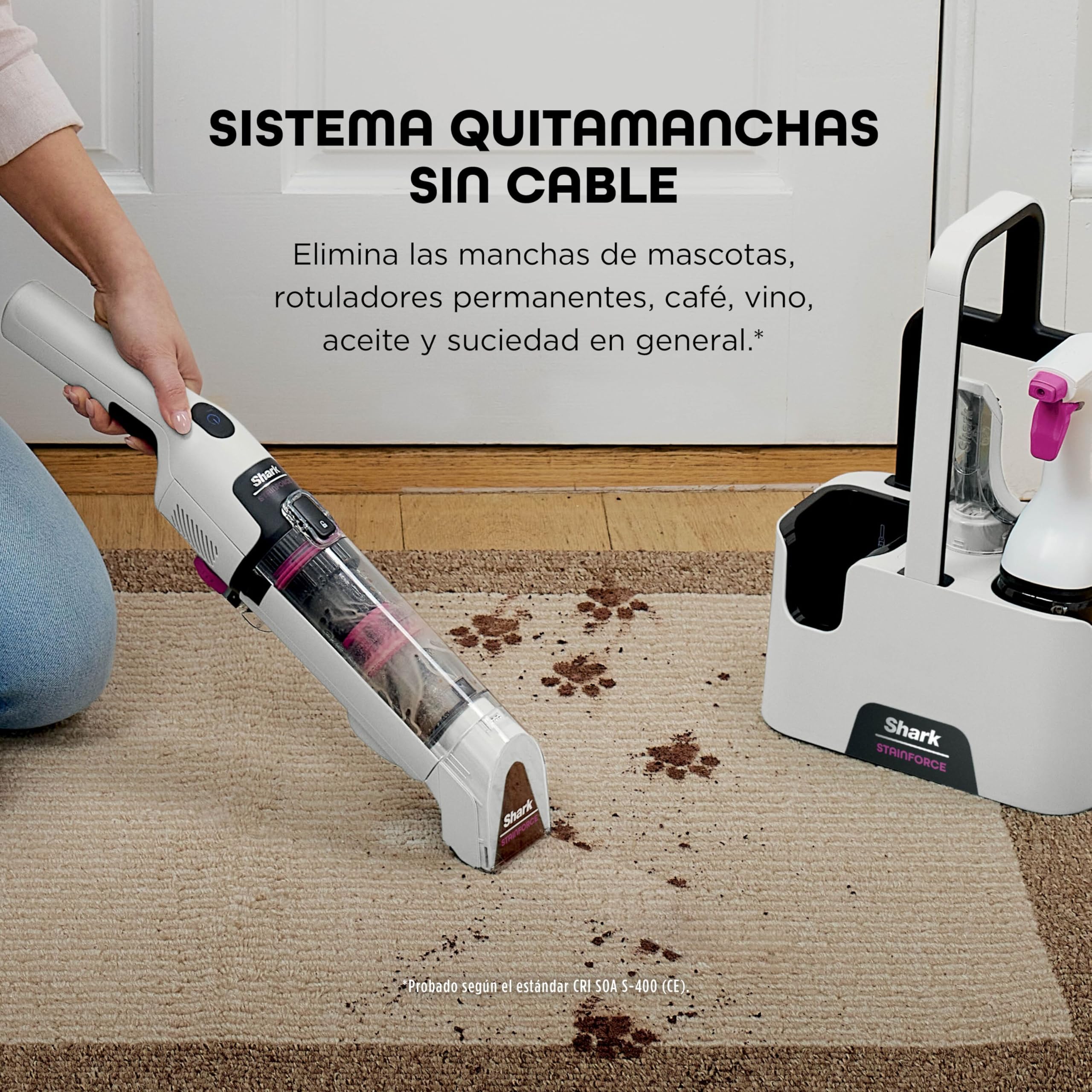 Shark StainForce, Eliminación de manchas y olores en alfombras, moquetas, tapicería, escaleras y coches, diseño ligero y portátil con organizador, accesorios y solución de limpieza total, HX100EUT