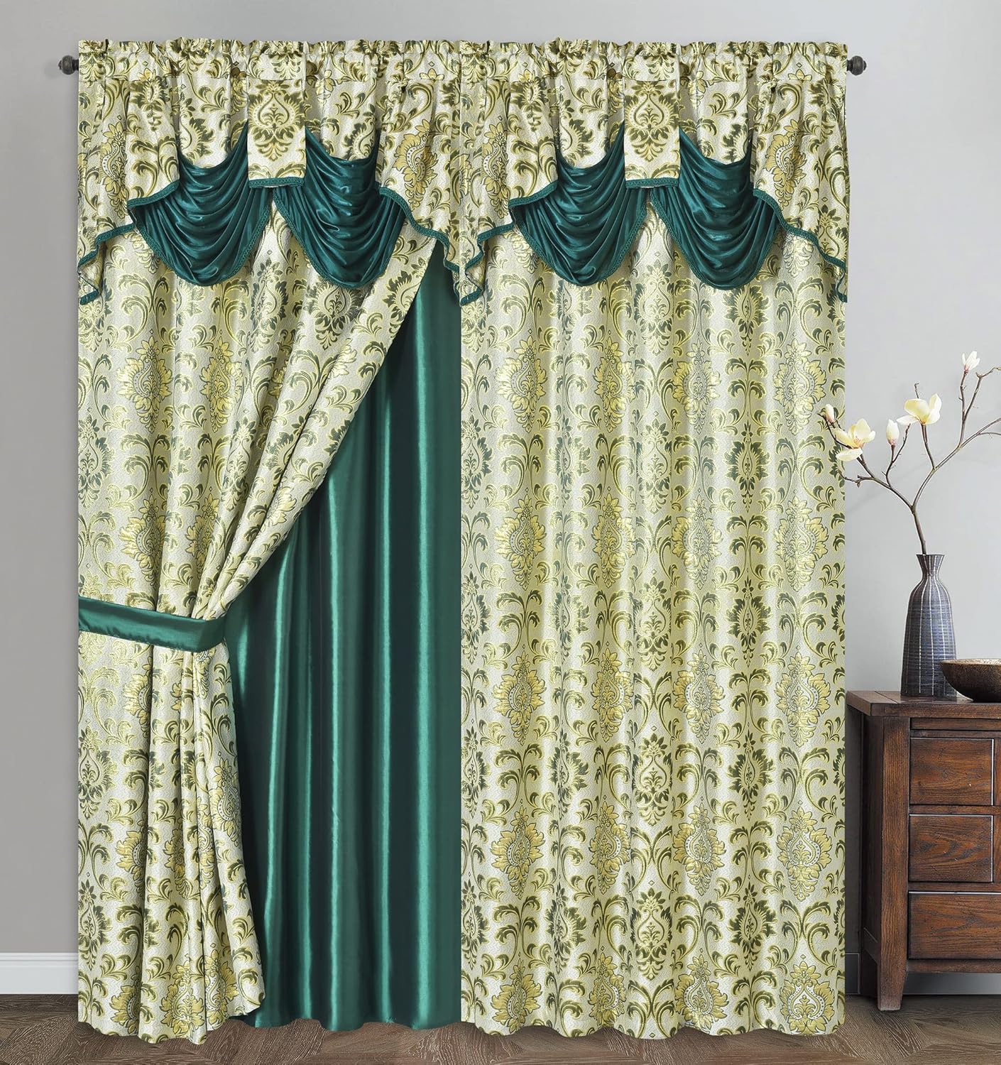 GOHD Samba Star. Jacquard Window Curtain Panel Drape with Attached Fancy Valance and Taffeta Backing. 2pcs Set. Each pc 54" Wide x 90" Drop with 18" Valance. (Grey)