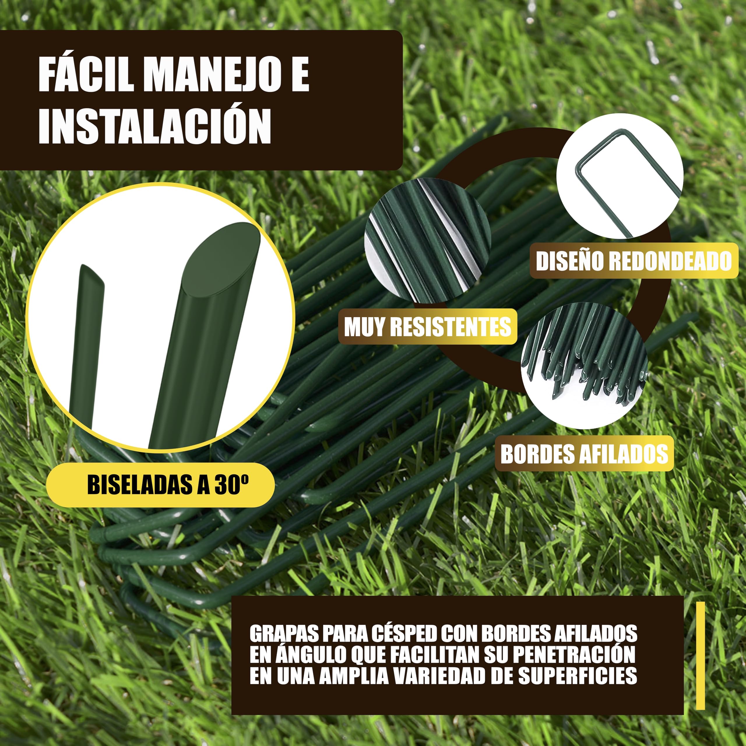 GREENGOF Grapas Verdes para Cesped Artificial, Malla Antihierba y Jardin, 100Unds - Acero Galvanizado, 15x4cm, Ø3mm - Ultra Resistentes y Anticorrosivas - Piquetas de Jardín, Anclaje al Suelo.