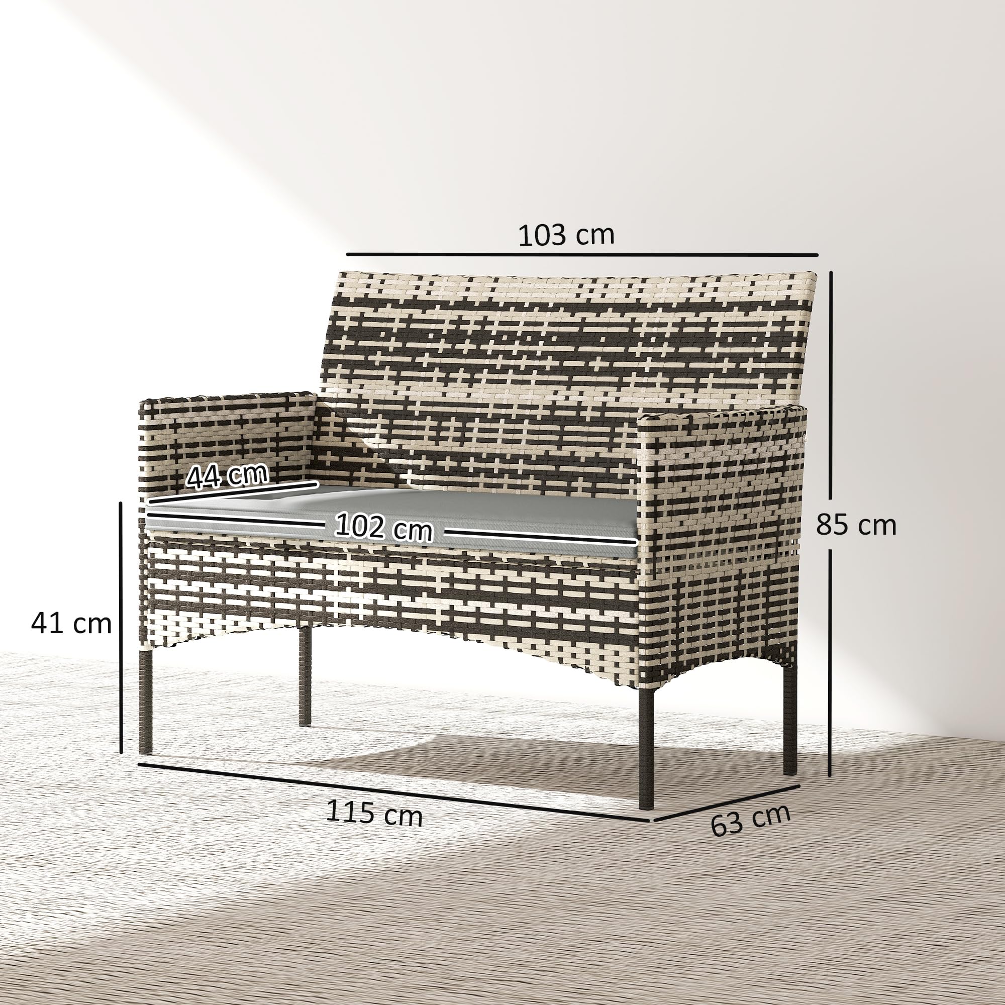 Outsunny Sofa Ogrodowa 2-osobowa Rattanowa z Poduszką, Sofa na Taras Balkon, Pogodoodporna, Jasnoszara | Sofa wypoczynkowa, sofa do ogrodu, na taras, balkon, polirattan