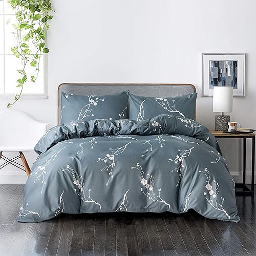 Miniatura 2 de HSKIKWN Juego de funda de edredón de flor de ciruelo, tamaño individual, color azul, 68 x 90 pulgadas, suave, de microfibra, ligero, suave, blanco,