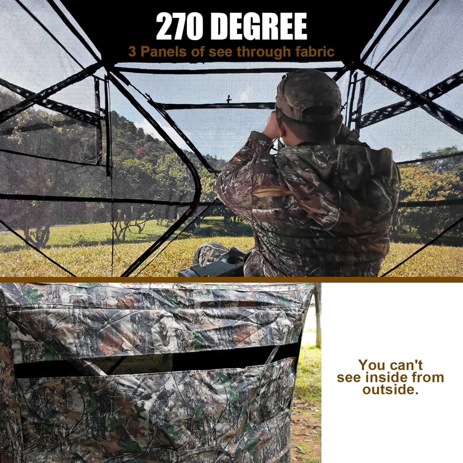Hunting Blind for 2-3 Person, See-Through Ground Blind with Silent Zipper and Orange Top, Portable Pop-Up Tent for Deer and Turkey Hunting with Carry Bag