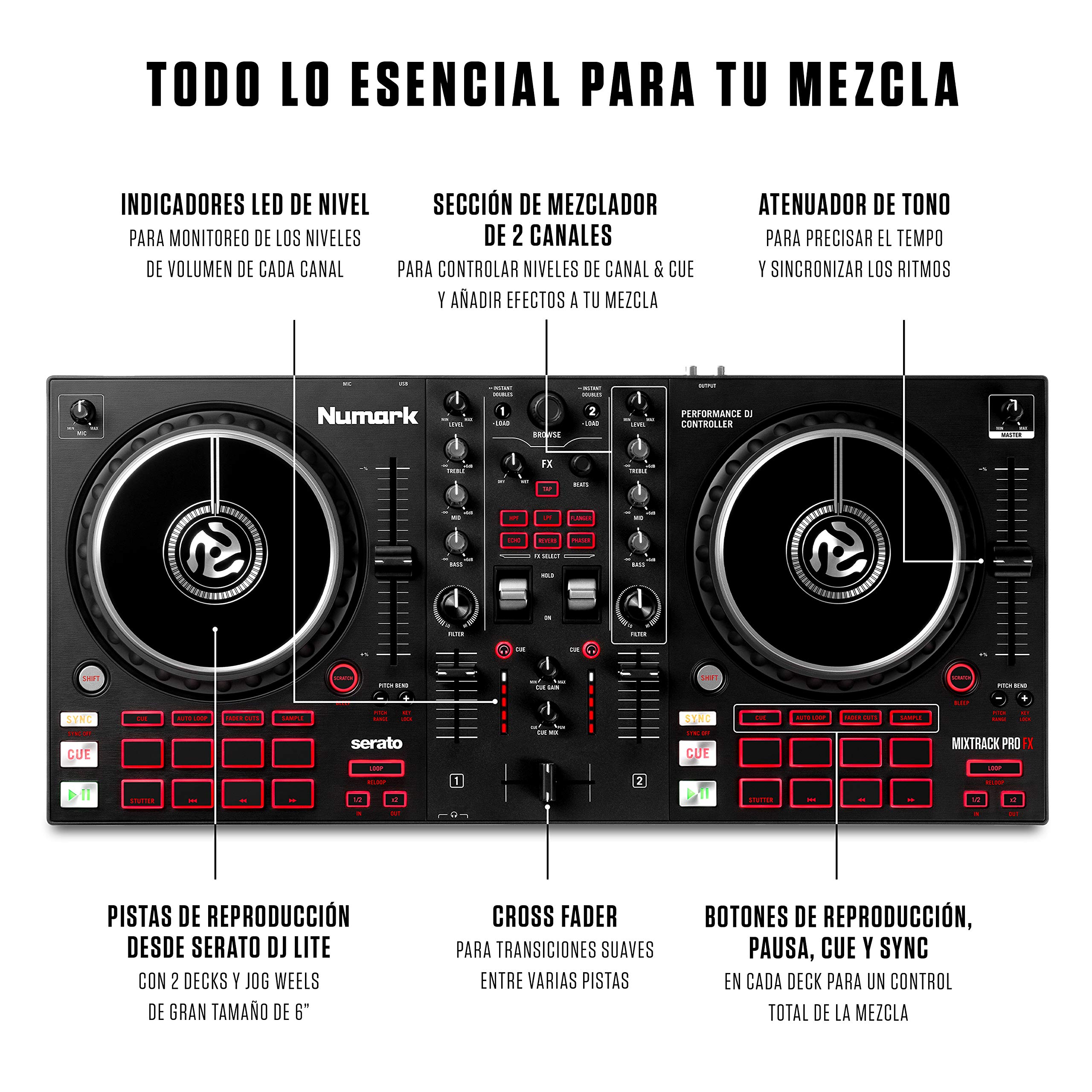 Numark Mixtrack Pro FX - Controlador DJ de 2 secciones para Serato DJ con mezclador DJ & Hercules DJMonitor 32-2 altavoces activos de monitorización de 15 vatios RMS