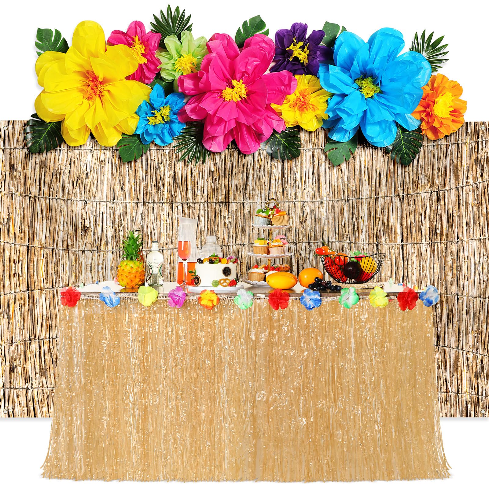 Canlierr 23 Pcs Hawaiian Luau Beach Party Decoration Set, Include Grass Table Skirt Paper Flowers Backdrop 71 x 43 Inch Hawaiian Backdrop 3D Hibiscus Palm Leaves for Aloha Luau Party Supplies