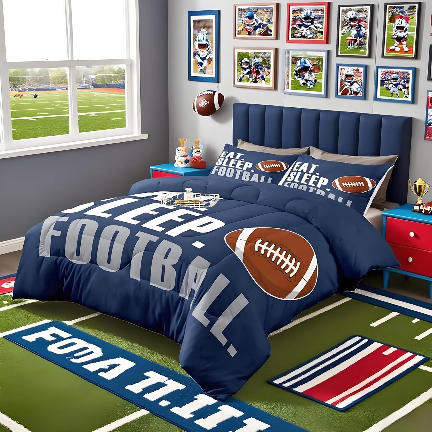 Feelyou Football Comforter Set for Boys Full Size Sports Bedding Set American Football Lover Navy Blue Ball Games Quilt Bed Teens Rugby Bedroom Decor 3Pcs - Image 2