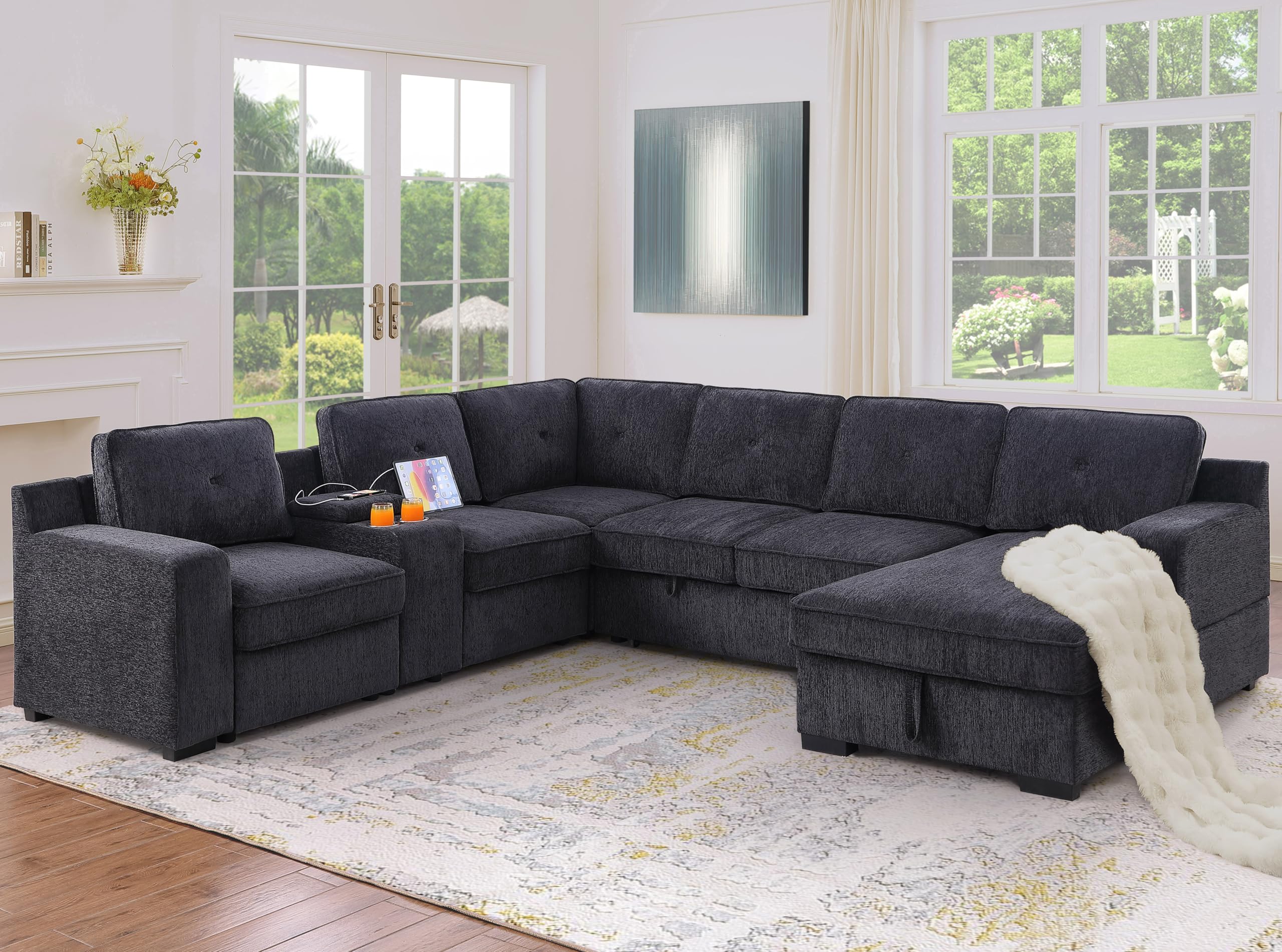 Amazon.com: Eafurn Oversized U Shaped Sleeper Sectional Sofa Couch Bed ...