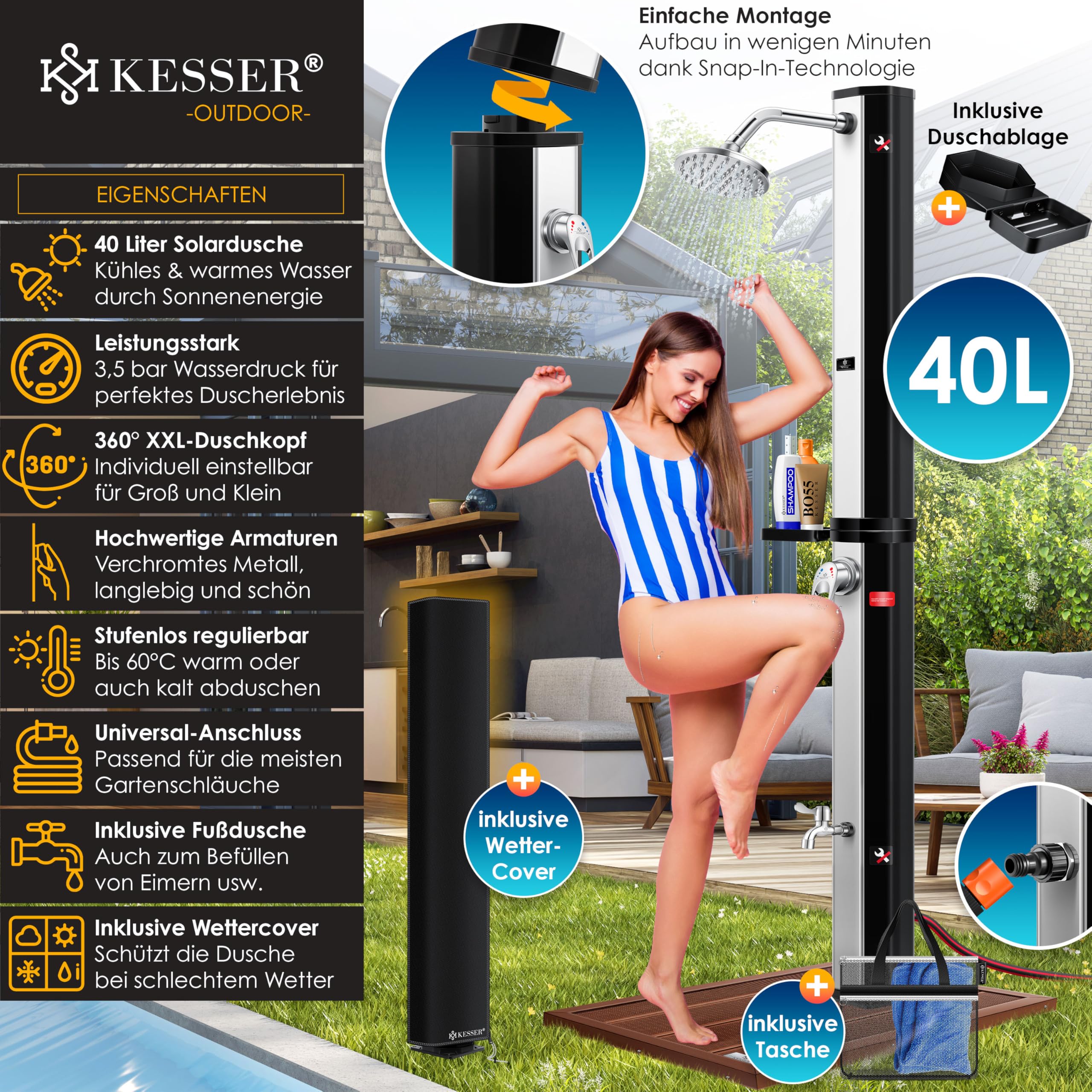 KESSER® Ducha solar de 40 litros para jardín, incluye bandeja de ducha de metal y cubierta protectora, agua caliente, máx. 60 °C, ducha para piscina, camping, cabezal de ducha de lluvia y grifo, color