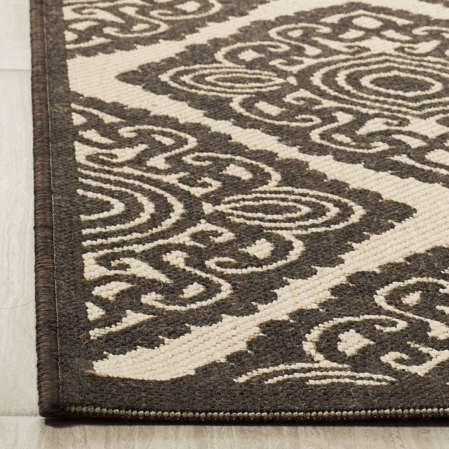 SAFAVIEH Washable Rug Outdoor Linden Collection - 6'7" Square, Natural & Brown, Non-Shedding & Easy to Clean, Ideal for Patio, Backyard, Mudroom (LND132B)