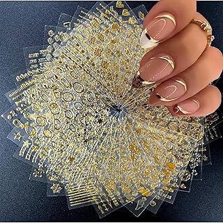 30 Sheets Gold Nail Art Stickers 3D Self-Adhesive Decals Line Star for Acrylic Nails Leaf Diamond Supplies for Women