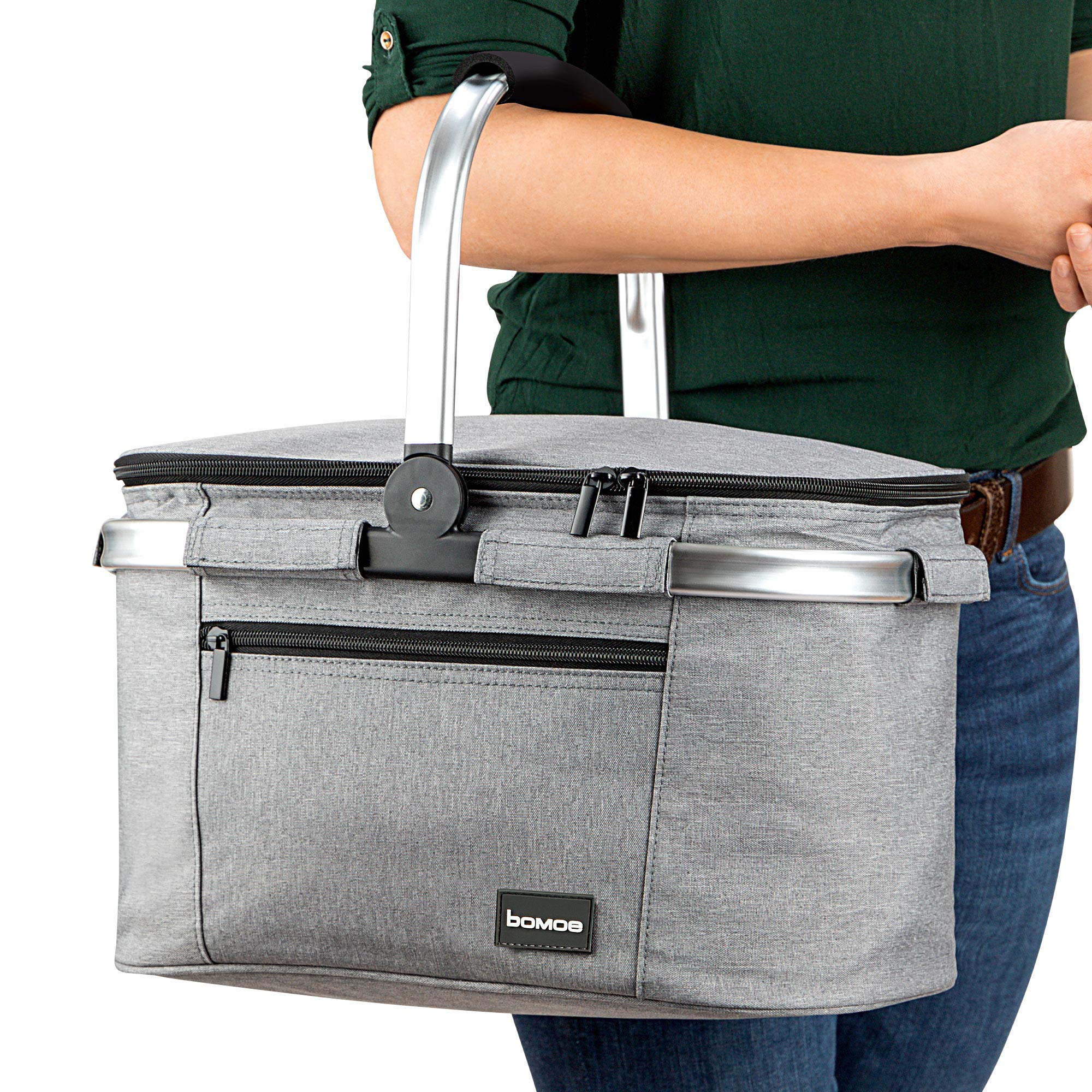 bomoe Kühlkorb Faltbar – Einkaufskorb Thermo Korb für unterwegs – Outdoor Picknickkorb 16h Kühlfunktion Klappbare Tragestange Kühltasche – div. Größen