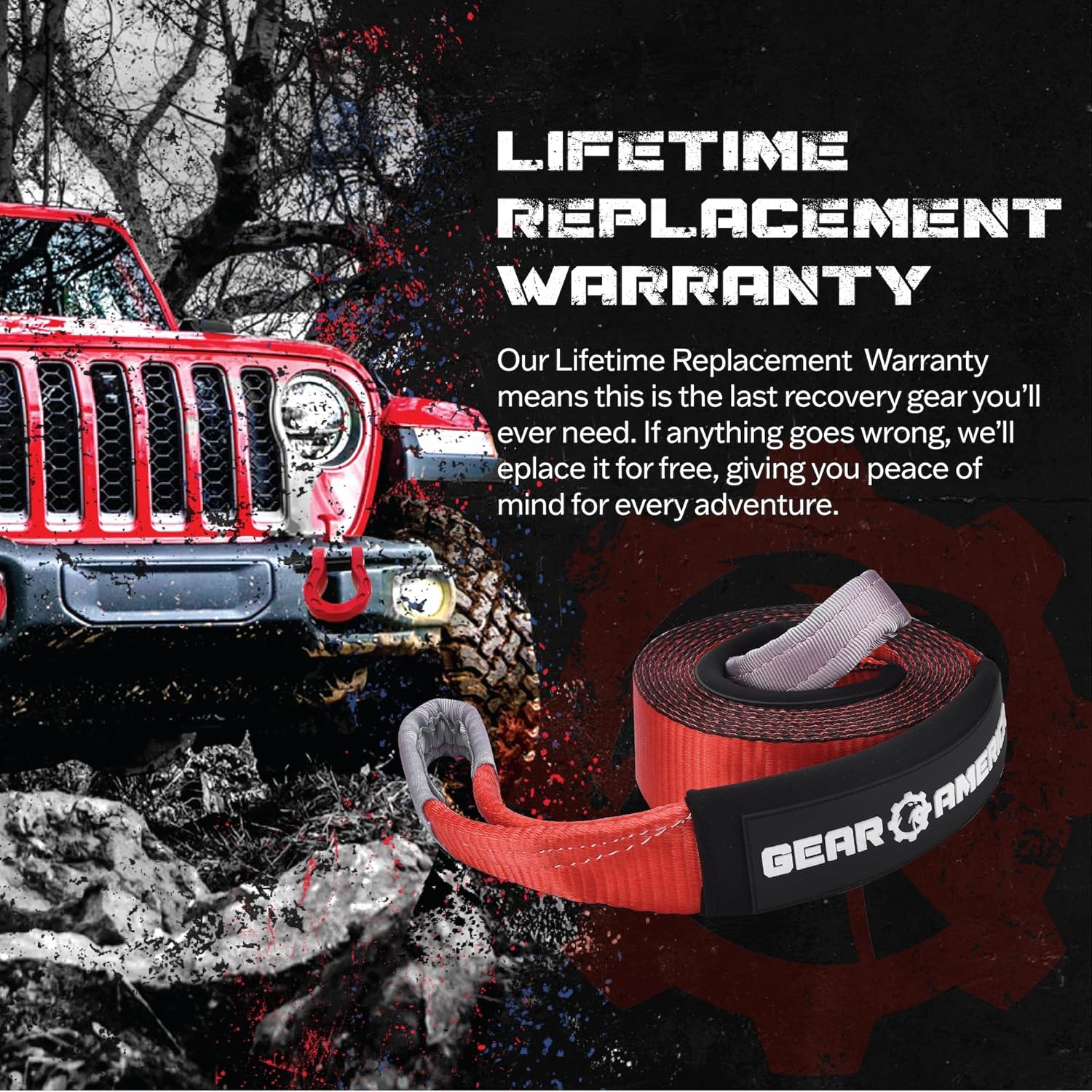 GearAmerica Heavy Duty 3"x20' Tow & Winch Strap - Tree Saver with 35,053 lb Break Strength - Offroad Recovery Rope, Weather Resistant - Triple Reinforced Loops (Red) - Tow Strap - Image 6
