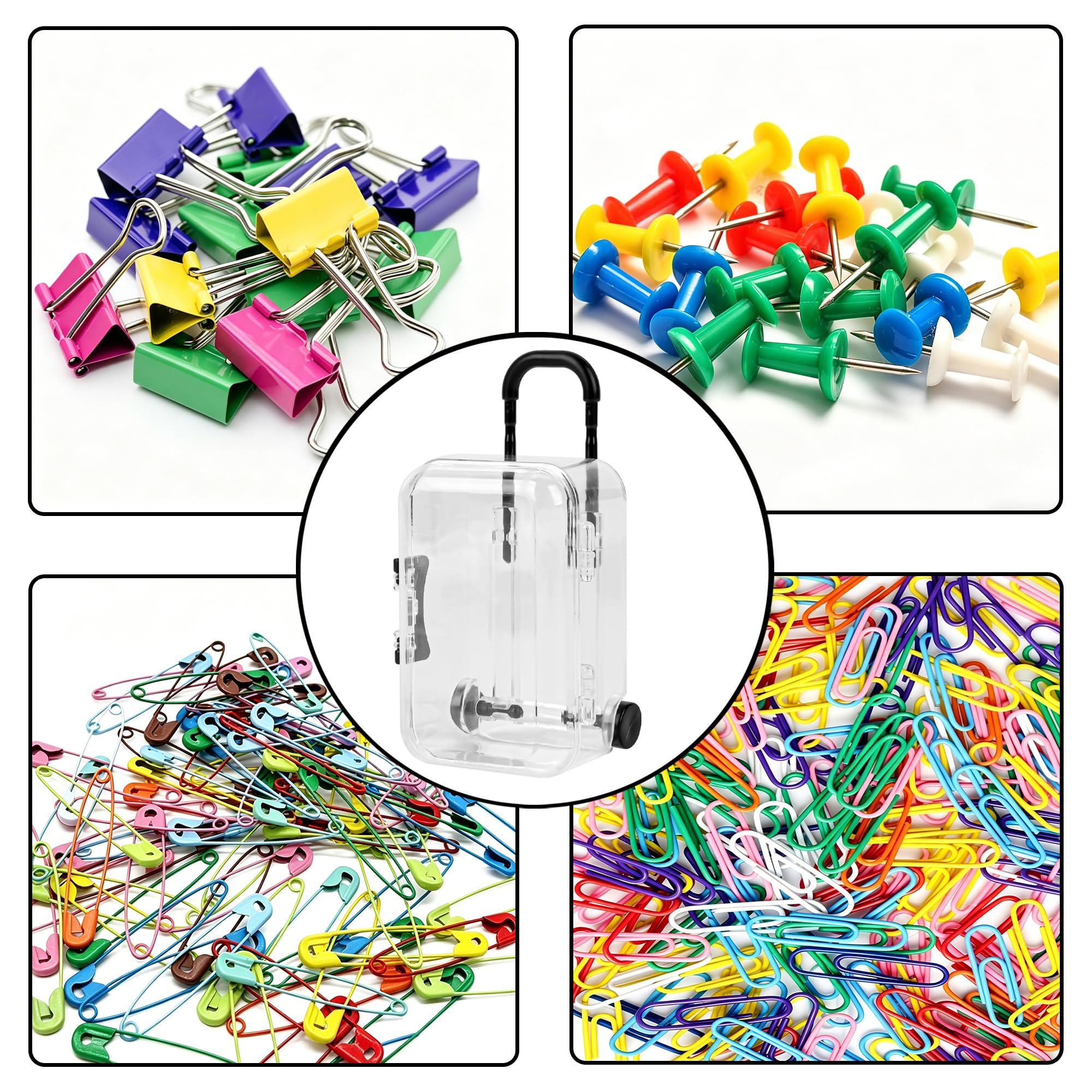 SHIDOW Mini soporte de clip de papel para maleta, caja de almacenamiento de plástico portátil para suministros de oficina, dispensador de clips de papel de viaje, bonito organizador de escritorio