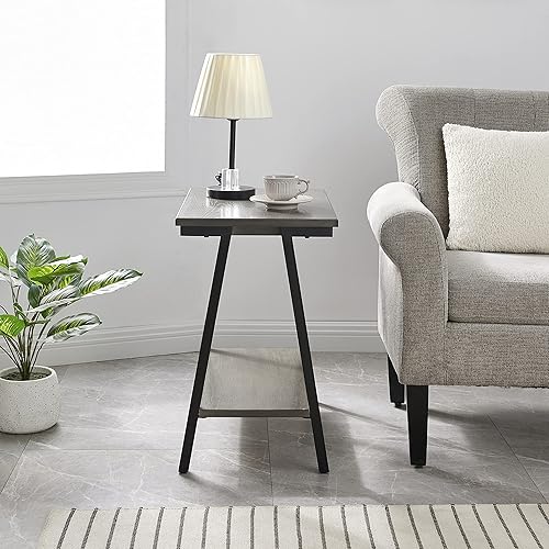 Miniatura 49 de Leick Home 23007 Chisel & Forge - Mesa auxiliar de metal y madera mixta con un cajón, diseño X con estante, gris ahumado y negro mate, 22 x 24 x 24