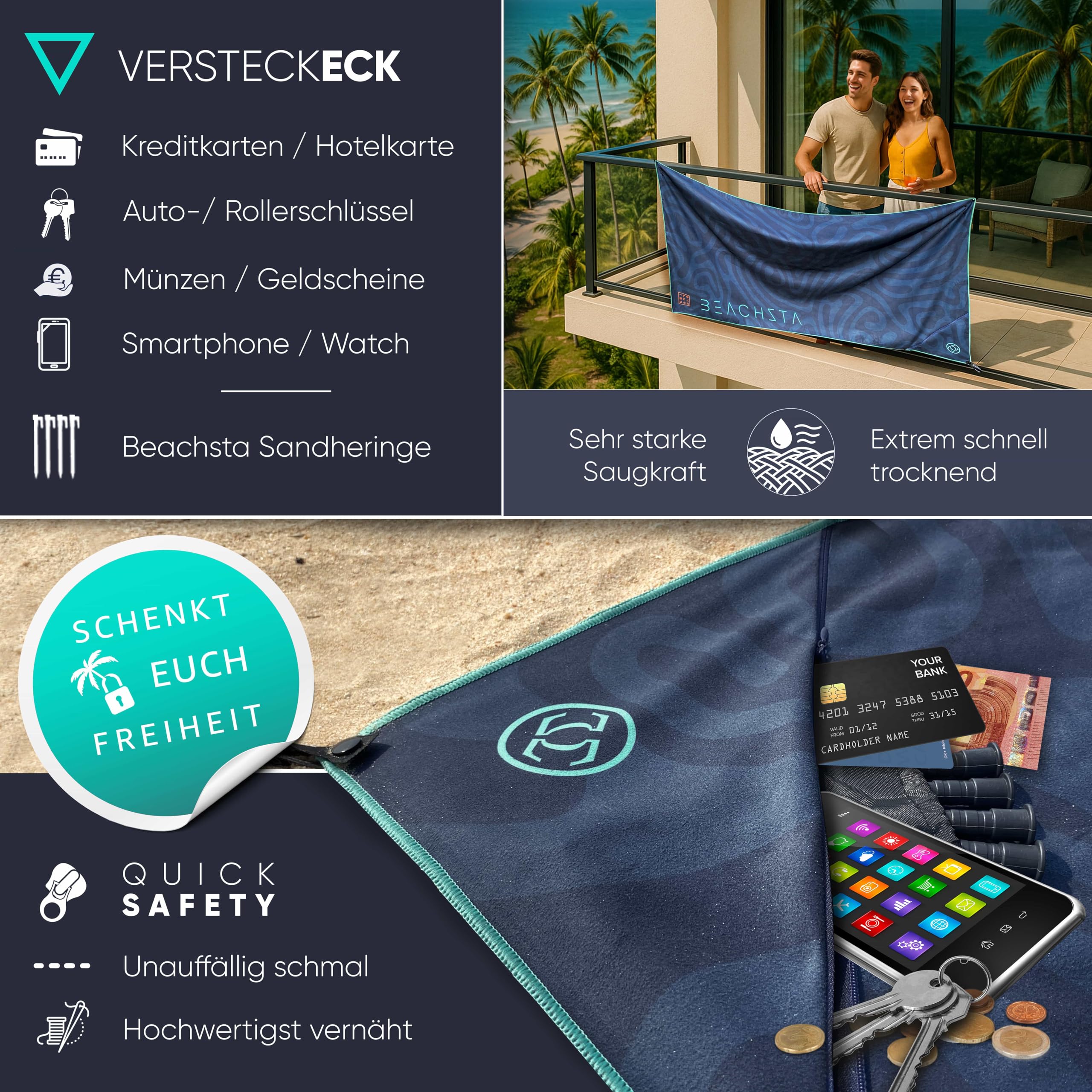 ESSENZZ Beachsta - Innovatives Mikrofaser Badetuch groß / 2X Strandtücher - 2er Set Badehandtuch groß 90x180 = Strandtuch XXL 170x180 Stranddecke Strandmatte