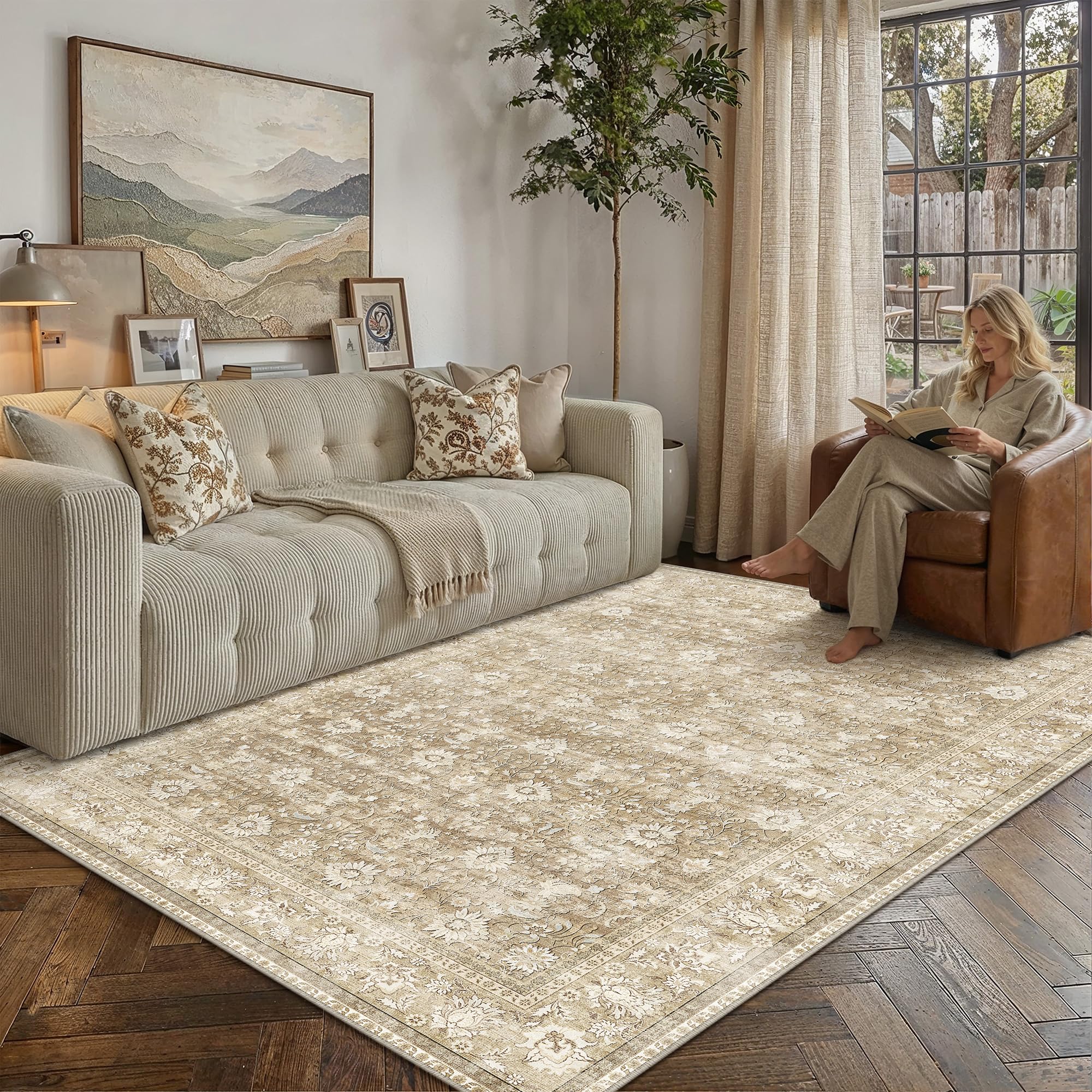 PureCozy Vintage Rugs Living Room 160x230cm Beige Washable Area Rug