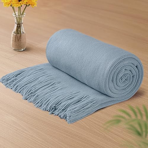 Vonty Manta de punto azul claro con borlas y flecos, 50 x 60 pulgadas, manta de punto súper suave, manta ligera decorativa de granja para sofá, cama