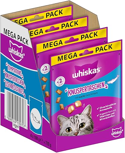 Whiskas Bolsas crujientes para Gatos con Sabor a salmón, 4 x 180 g (4 Paquetes)