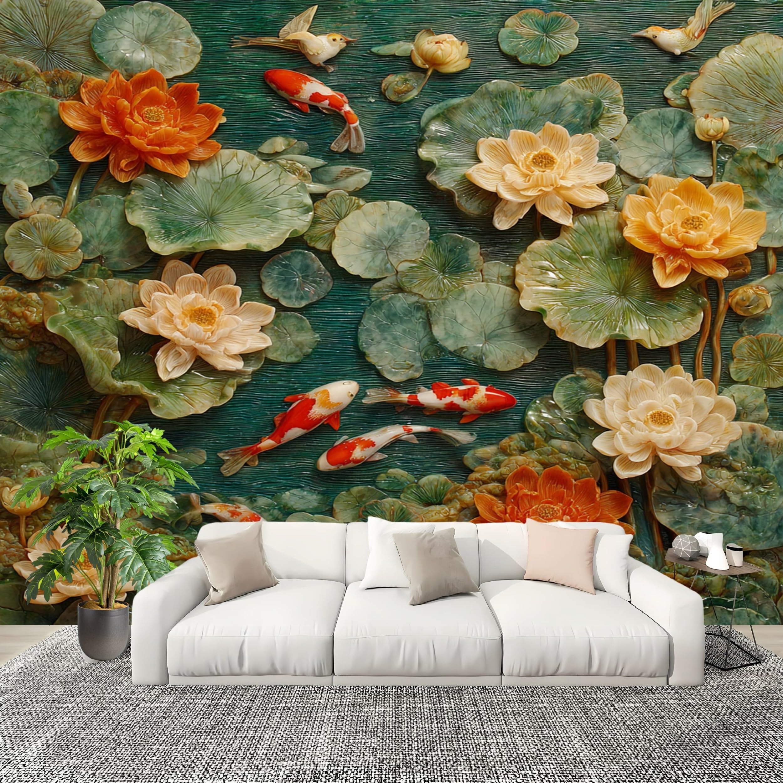 Poster mural papier peint lotus relief 3D vert panoramique anti-poussière 250x175 cm