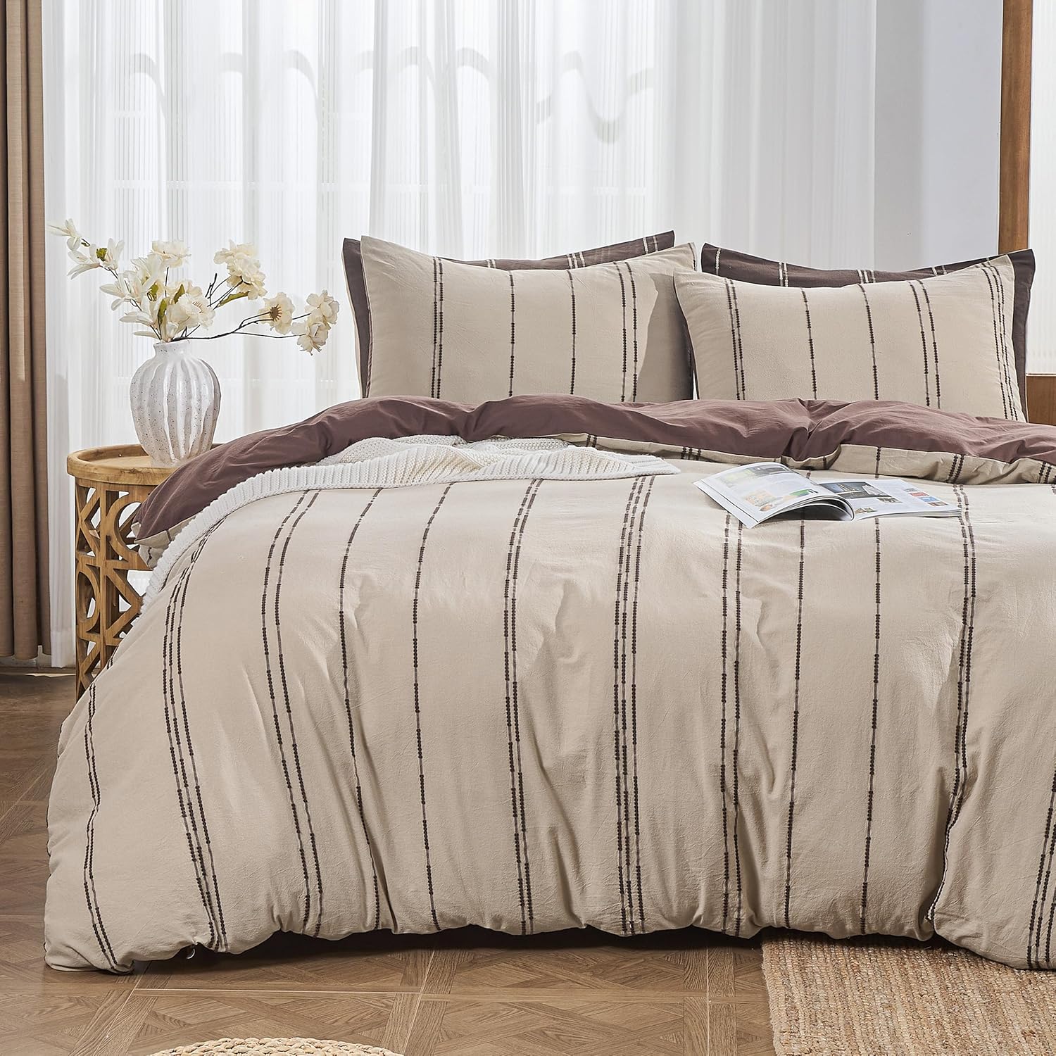 Simple&Opulence 100% Cotton Striped Duvet Cover Set Queen Size, 3Pcs Boho Linen-Like Textured Comforter Cover with Embroidered Stripes, Soft Breathable Bedding Set for All Seasons, (Khaki, 88"x92")
