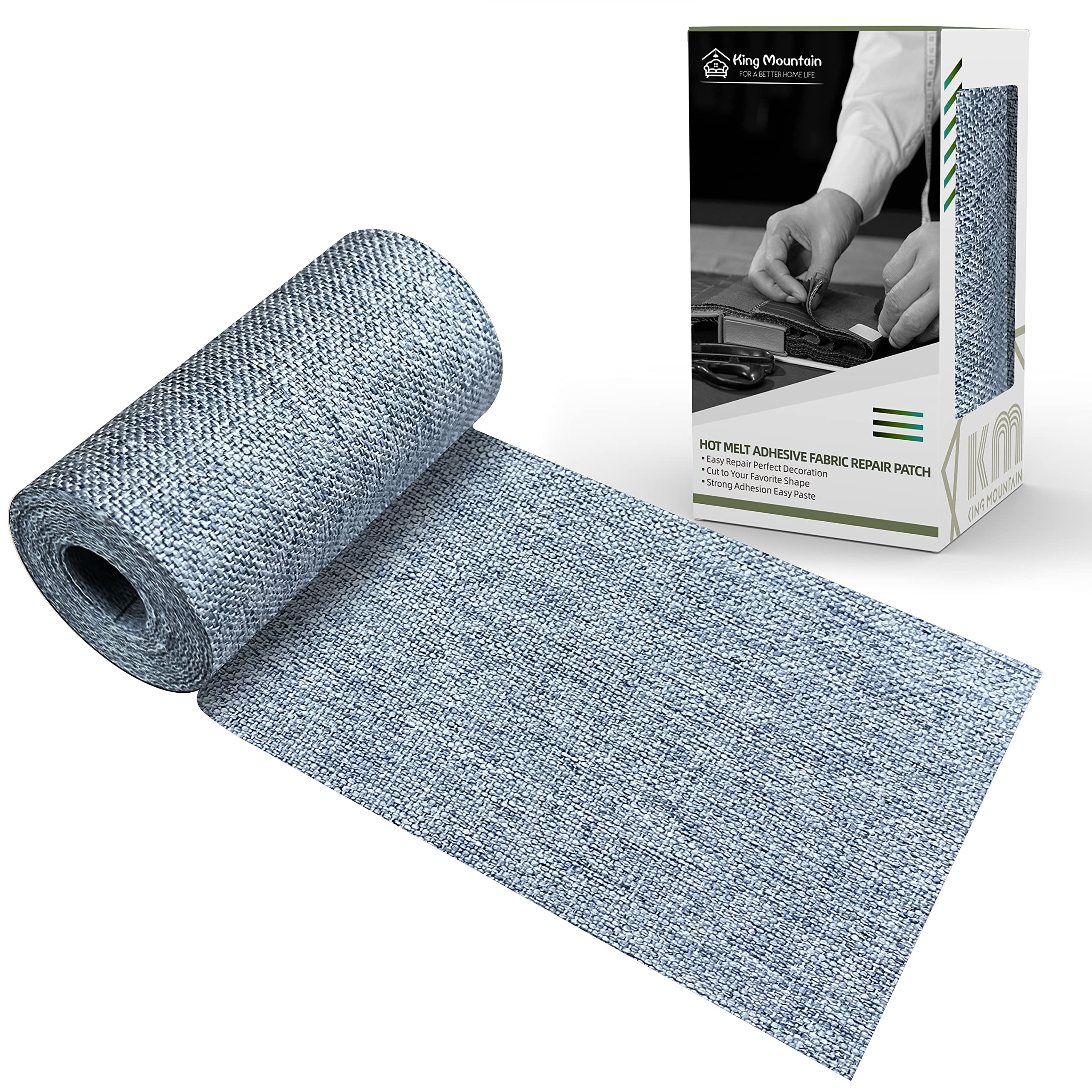 King Mountain Premium Linen Fabric Iron-on Repair Patch, 3"x60" (Blue Grey)
