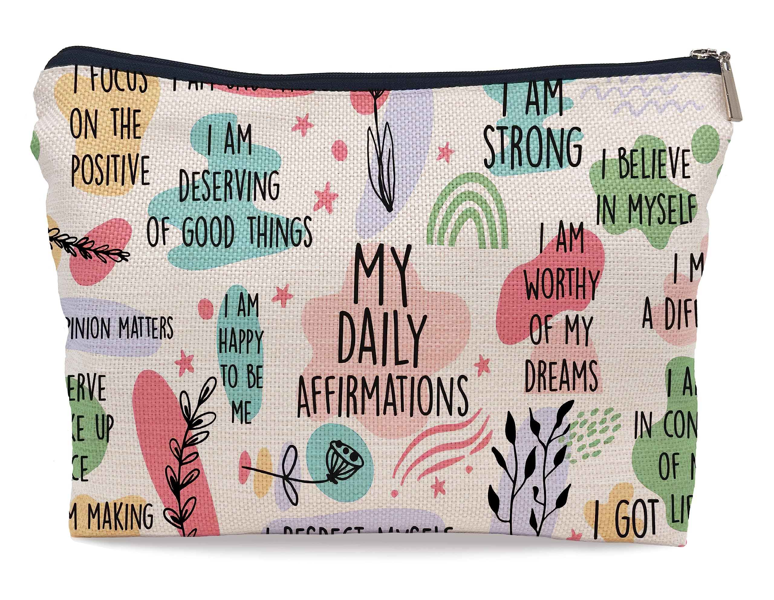 Mental Health My Daily Affirmations Decor Cosmetic Bag,Cute Self Inspirational Quote Decorative Women's Makeup Bag Zipper Pouch Travel Toiletry,Lovely