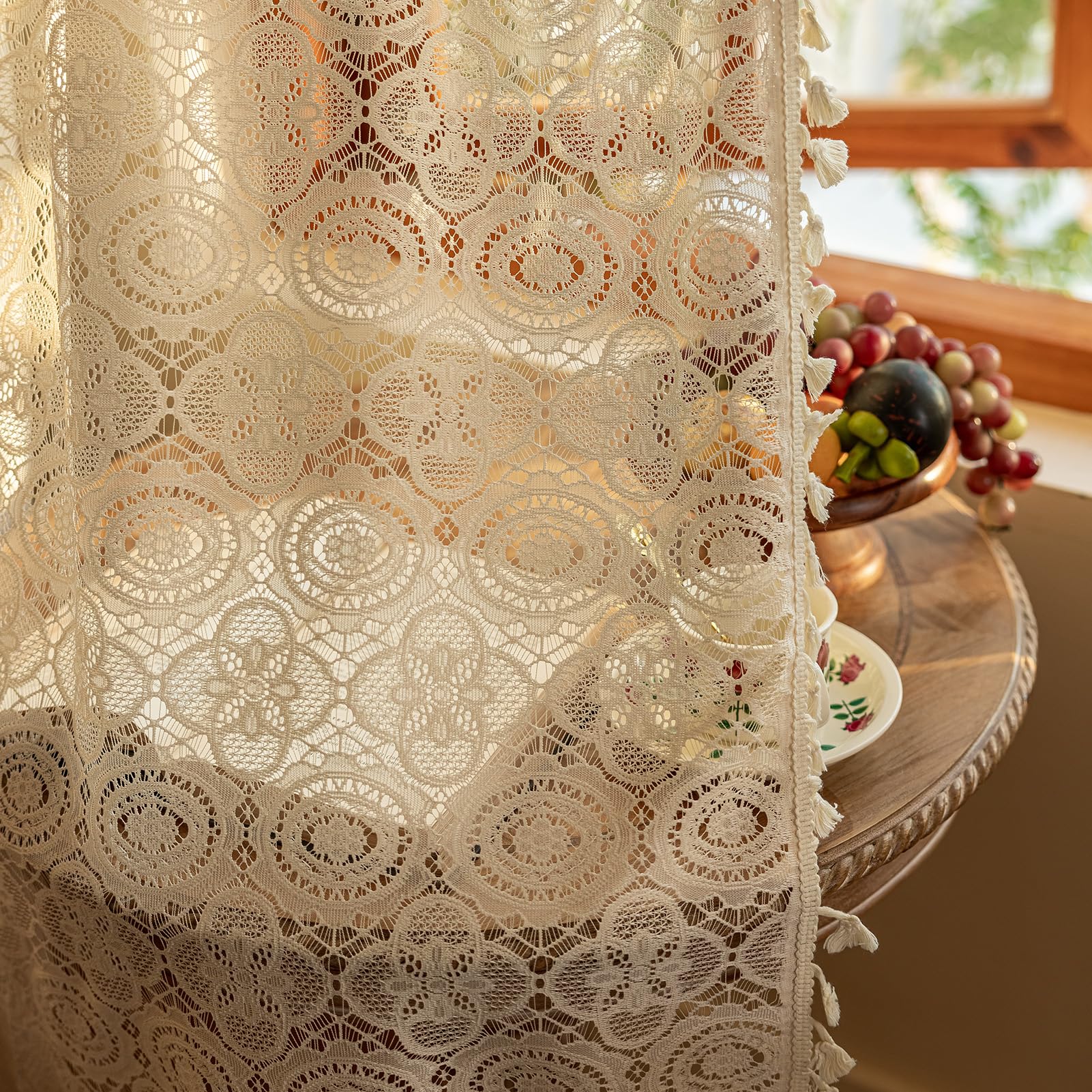 Kotile Boho Lace Curtain with Tassels 1 Panel Bohemian Crochet Curtain 96 Inches Long for Bedroom/Living Room, Rod Pocket Privacy Window Sheer Light