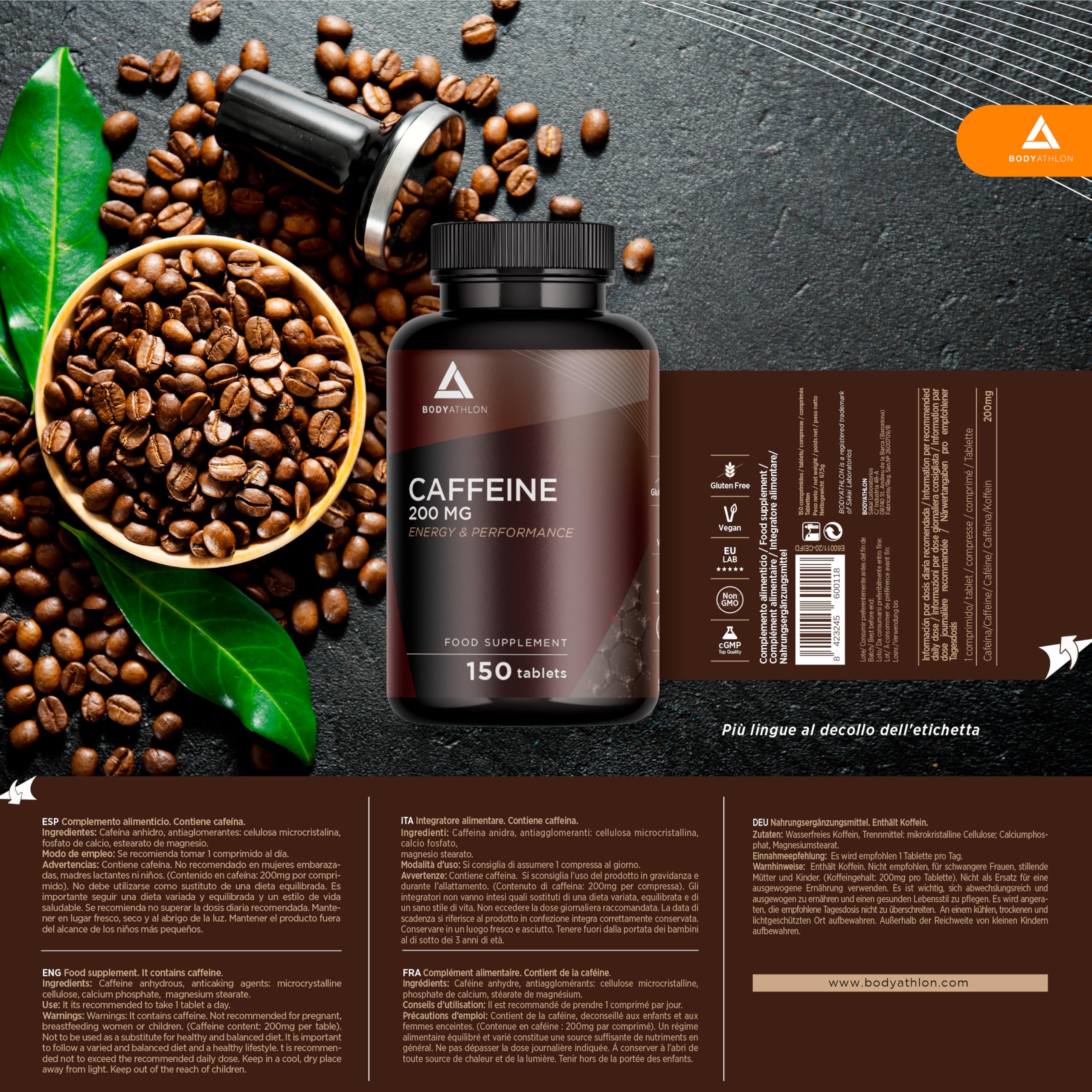 Caffeina pura 200mg- 150 compresse per 150 giorni - Energia e Concentrazione- Migliora le tue prestazioni sportive e intellettuali- Potenzia la tua resistenza – Alto dosaggi- Bodyathlon