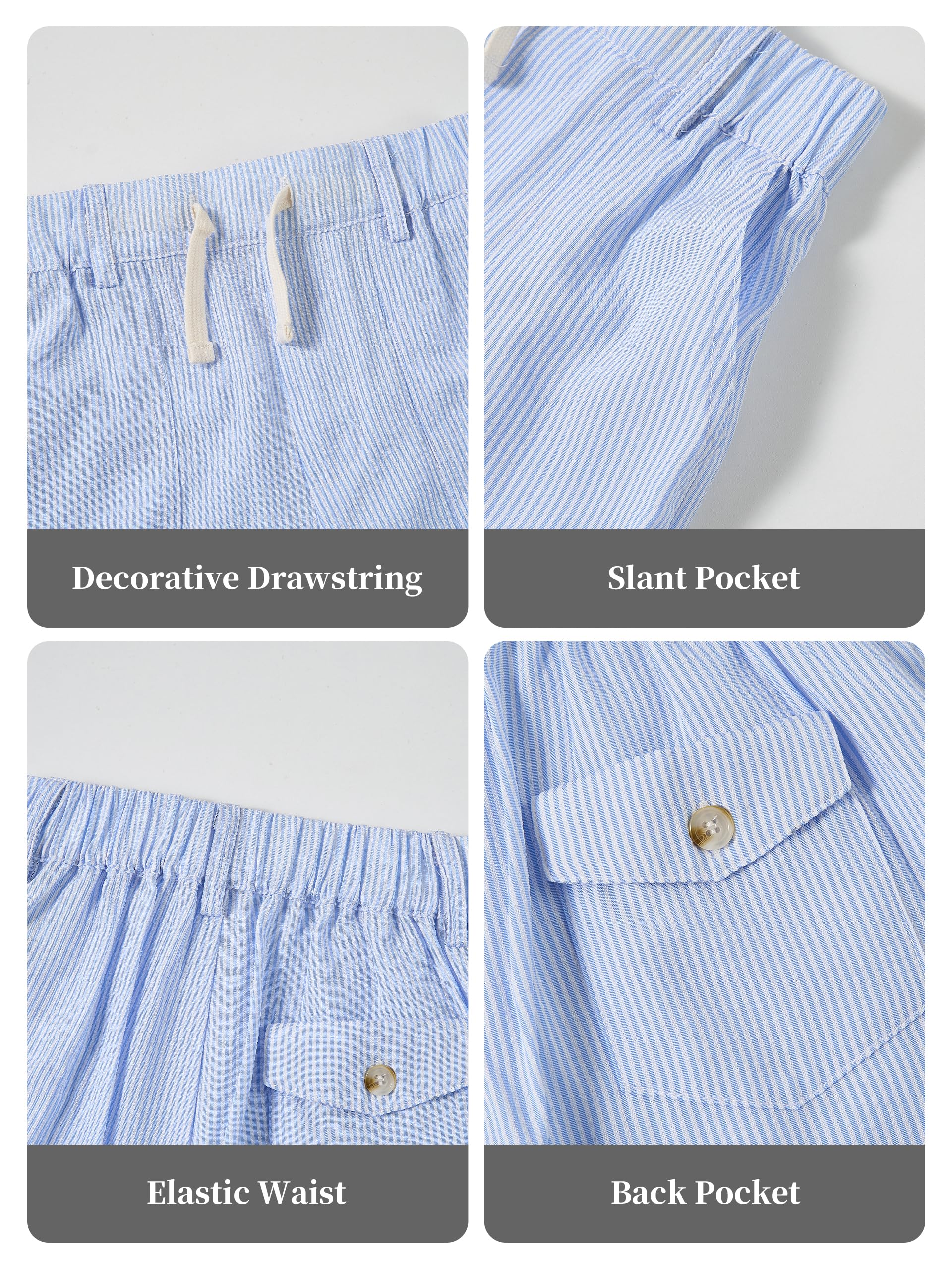 Volunboy Set Estivo Ragazzi Seersucker, Camicia a Bottoni con Colletto + Pantaloncini Vita Elastico,4-10 Anni
