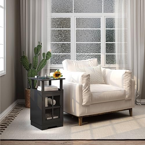 Miniatura 5 de Mesita de noche con estación de carga, mesa auxiliar con puertos USB y tomas, mesita de noche con almacenamiento para dormitorio, sala de estar,