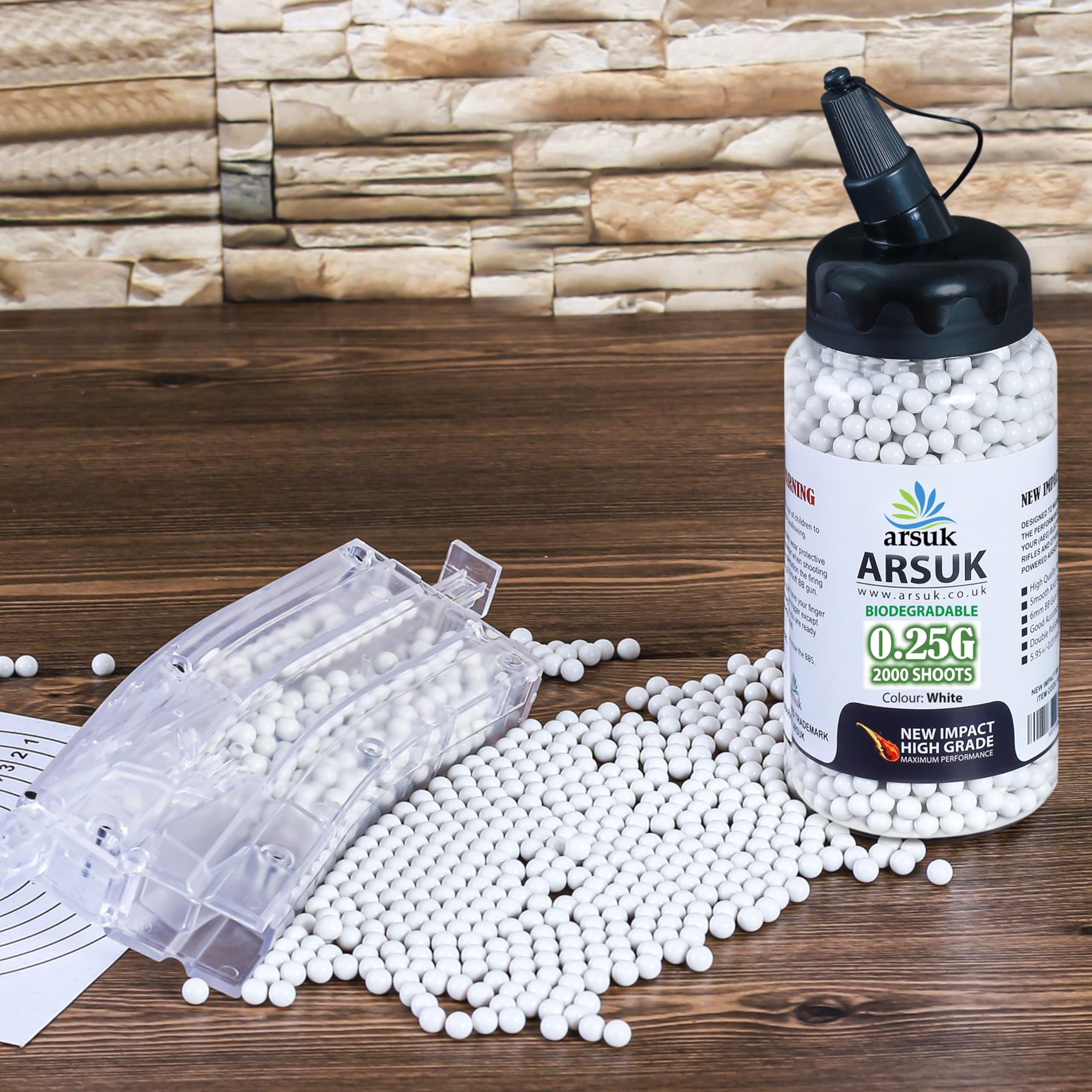 Arsuk Pallini Airsoft Biodegradabili 6 mm – Bianchi – 0,20 g Pellet Senza Giunture per Tiro – Munizioni Di Precisione con Finitura Liscia – Confezione da 5000 per Prestazioni Costanti