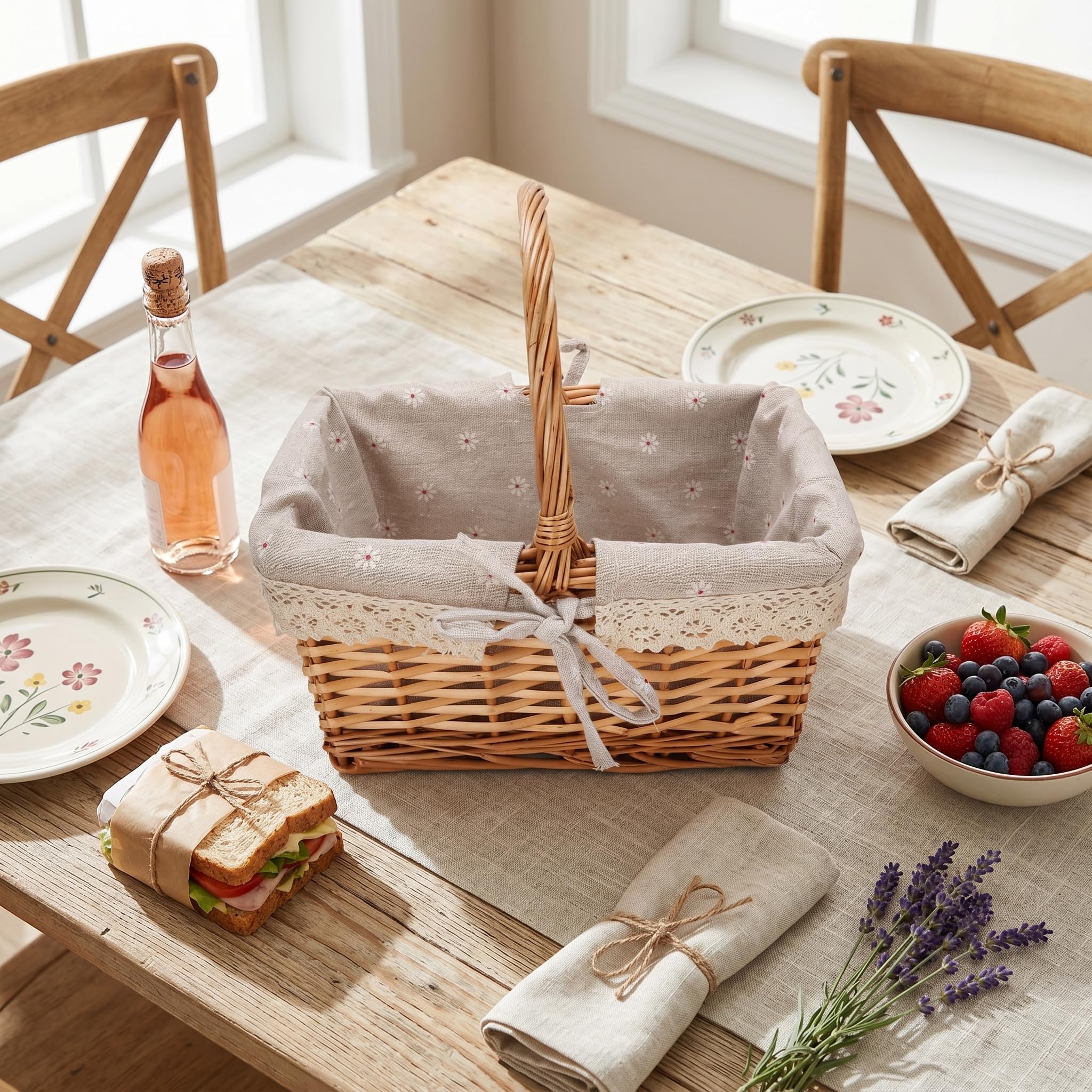 Cocoarm Panier de Pique-Nique en Osier, tissé à la Main Vintage, Doublure Amovible, pour Camping Maison, Rangement Polyvalent, 9,84x7,48x5,12 Pouces (Marguerite) | Tissé Main Doublure Amovible, Camping Maison Rangement, Accessoire Pique-Nique Élégant