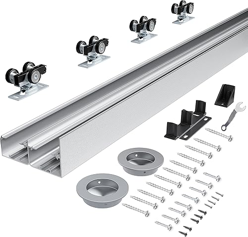 Miniatura 8 de Herrajes para puerta de derivación de 4 pies, kit de riel de puerta de armario, estilo montado en la parte superior, hecho de aluminio resistente,
