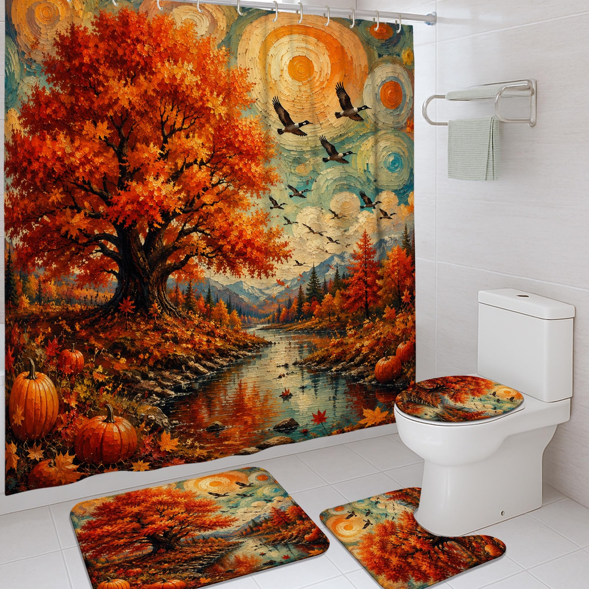 Rideau de douche tissu imperméable anti-éclaboussures motif nature orange