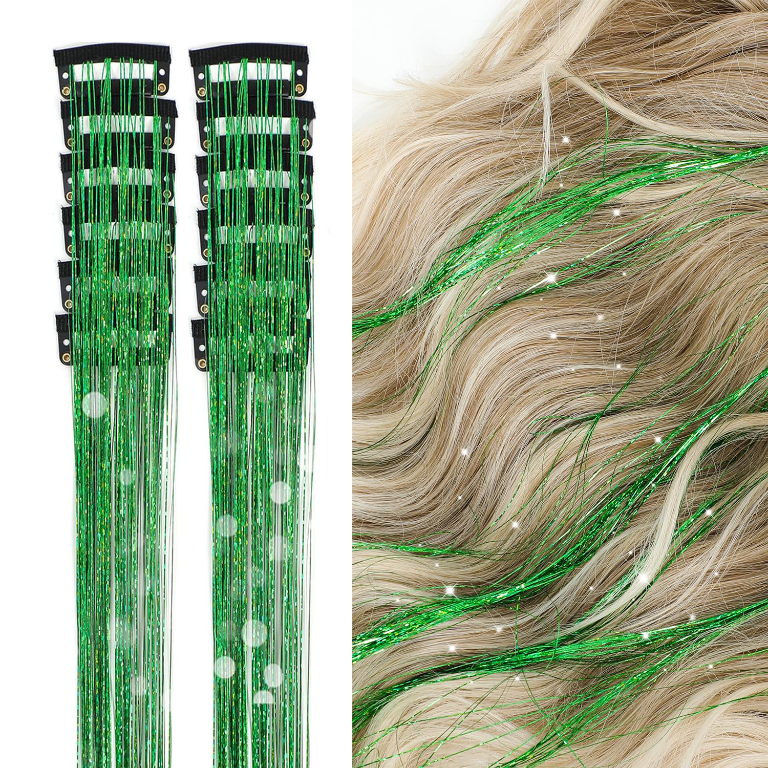 VIVIAN 2Pcs Hair Tinsel Clip in Glitter Tinsel Hair Extensions 24Inch Clip in Hair Tinsel Kit Heat Resistant Shiny Sparkly Fairy Hair Accessories for Women Girls Kids (GREEN/2Pcs)-image-18